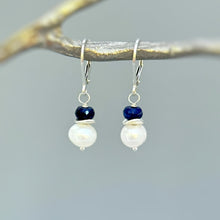 Load image into Gallery viewer, Dainty genuine blue Sapphire gemstone and freshwater pearl earrings in sterling silver, gold fill or Solid 14k gold leverbacks