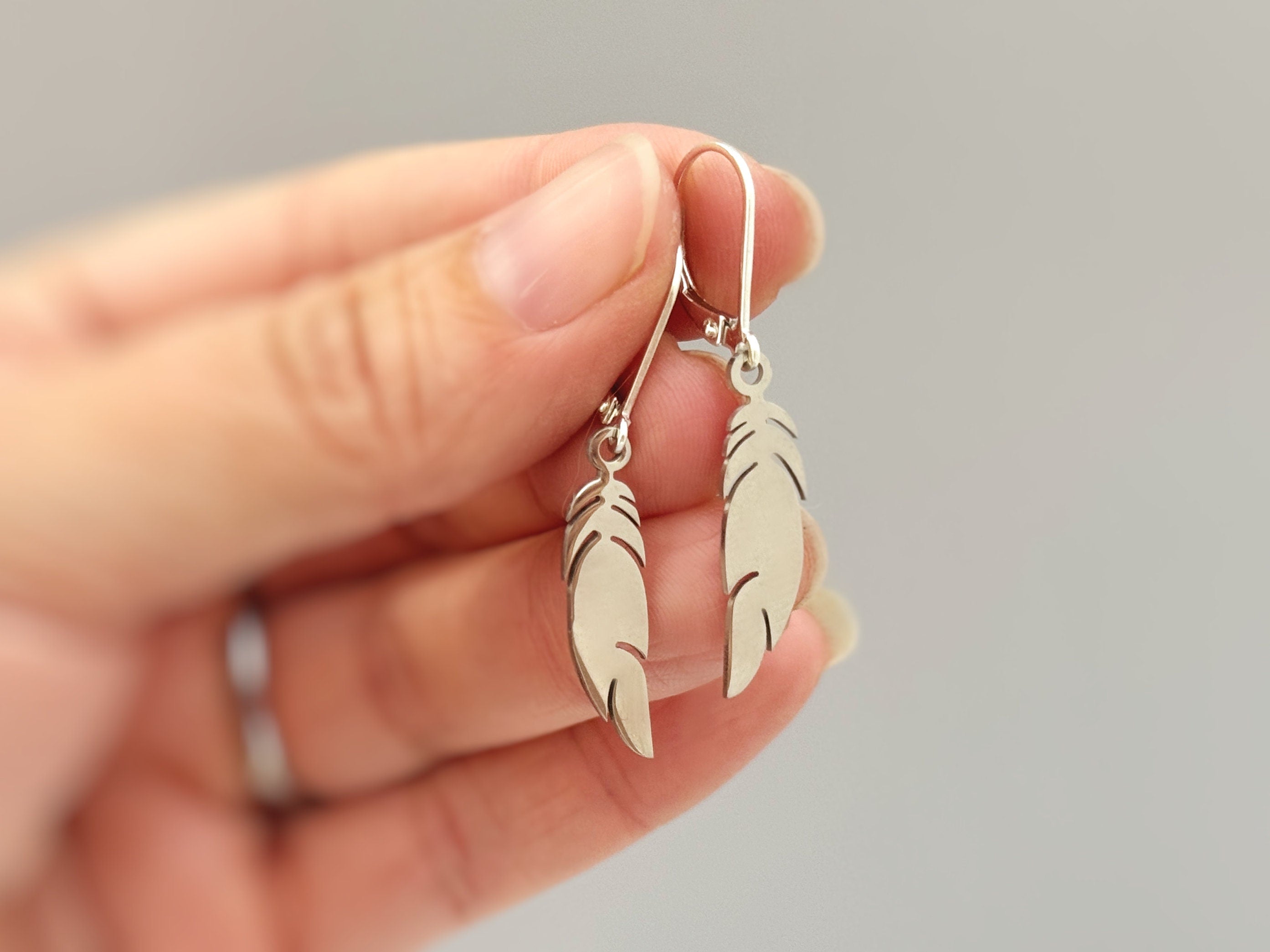 Silver Feather Earrings dangle gold, rose gold, Bird Jewelry unique gift for mom, nature, bird lover, wife, Handmade dangly lightweight