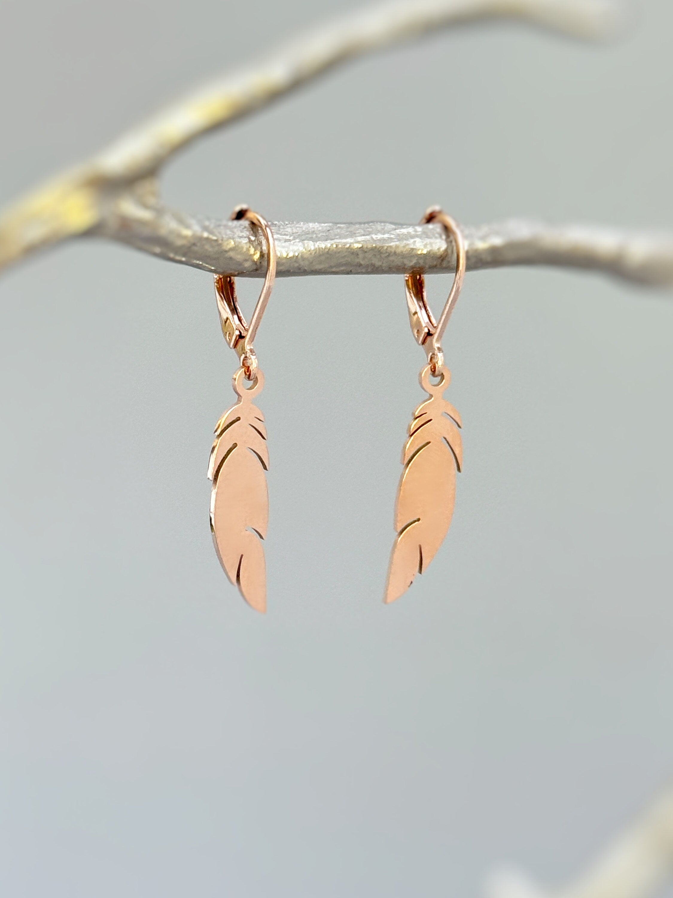 Feather Earrings dangle gold, silver, rose gold Bird Jewelry unique gift for mom, nature, bird lover, wife Handmade dangly lightweight