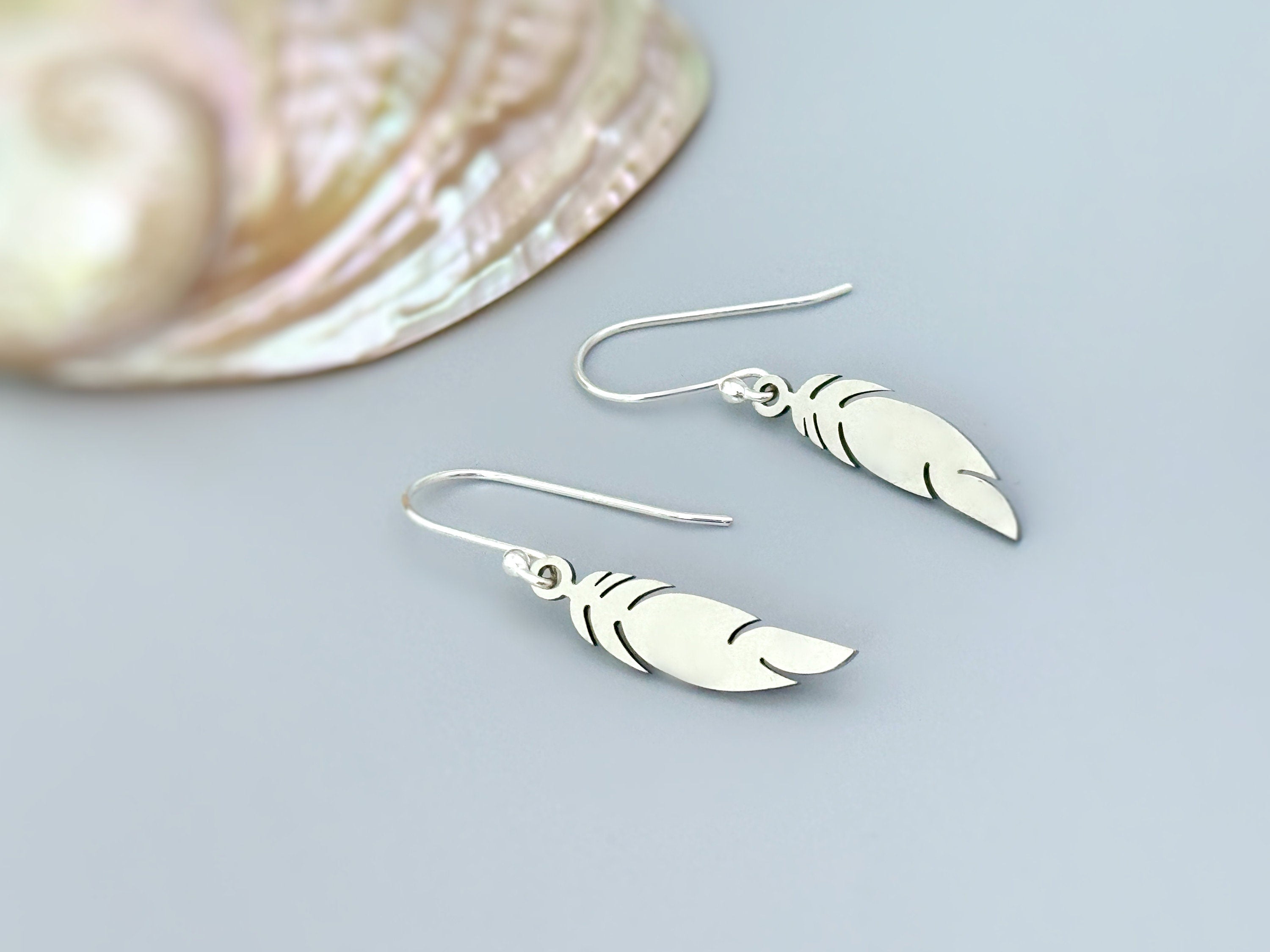 Silver Feather Earrings dangle gold, rose gold, Bird Jewelry unique gift for mom, nature, bird lover, wife, Handmade dangly lightweight