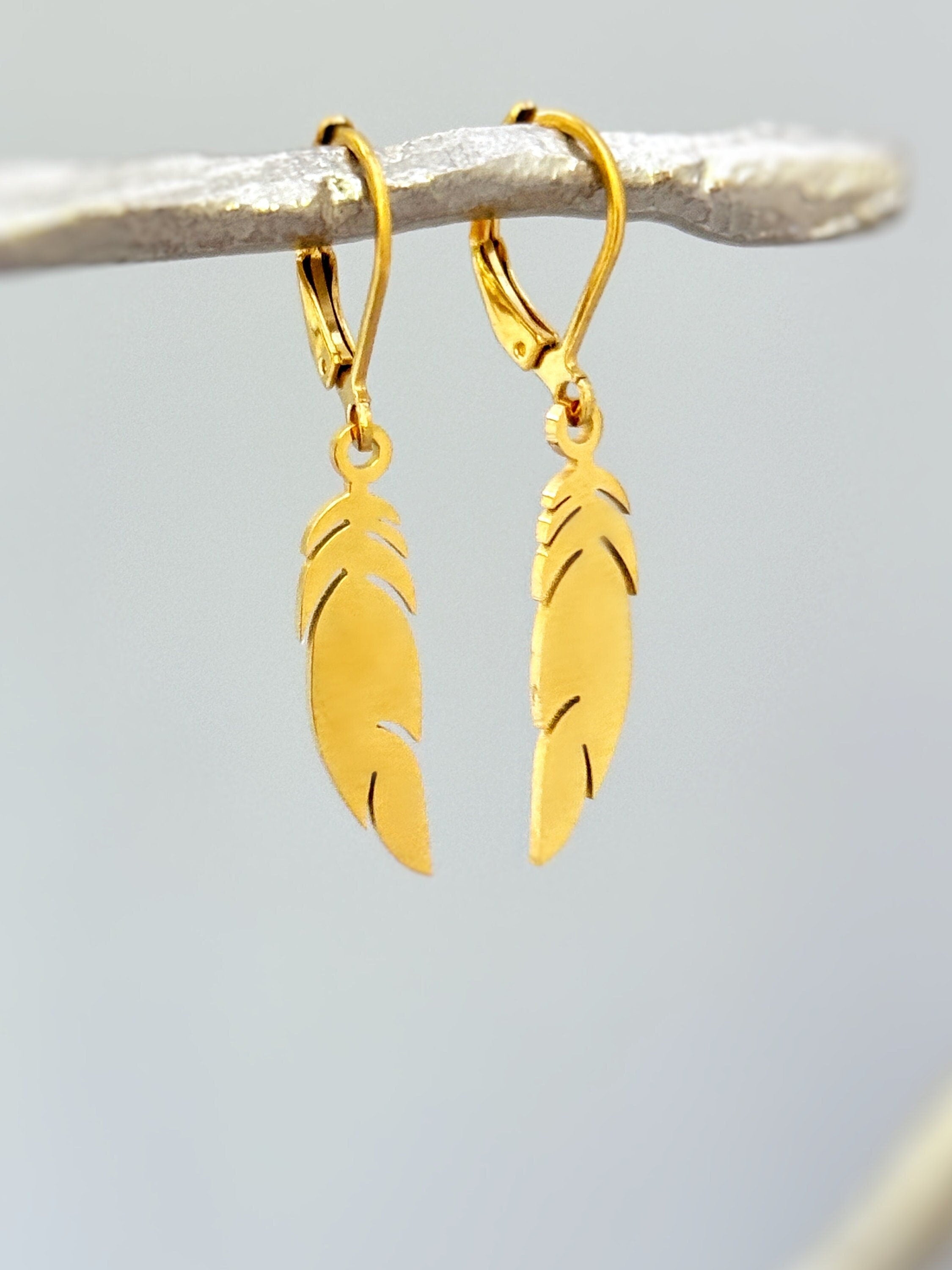 Gold Feather Earrings Dangle