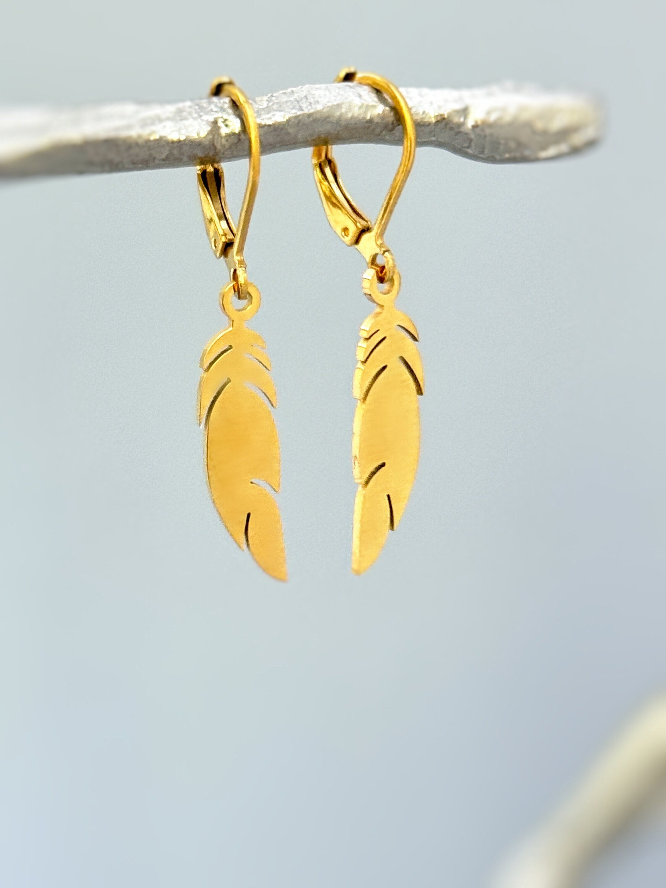 Gold Feather Earrings Dangle