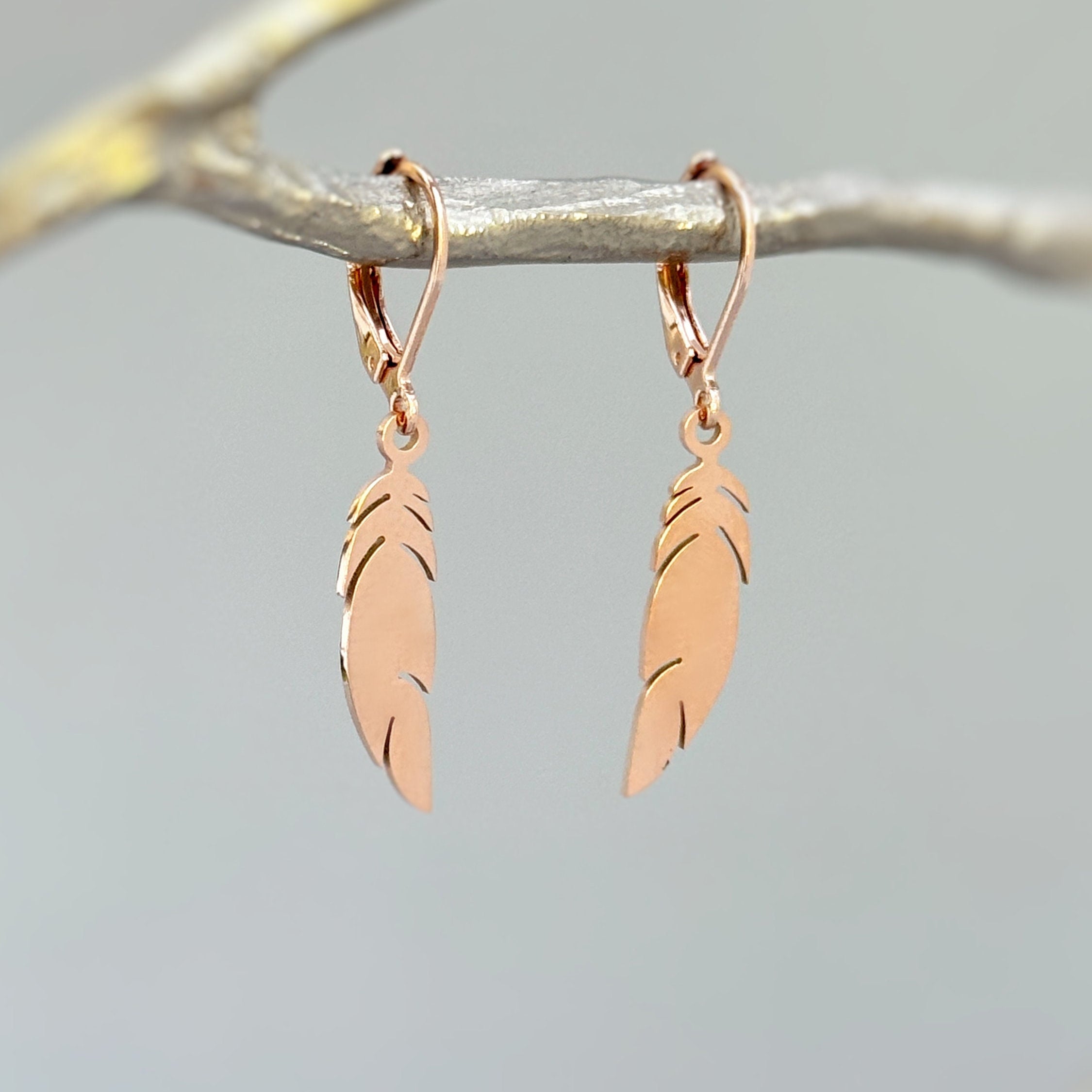 Rose Gold Feather Earrings Dangle