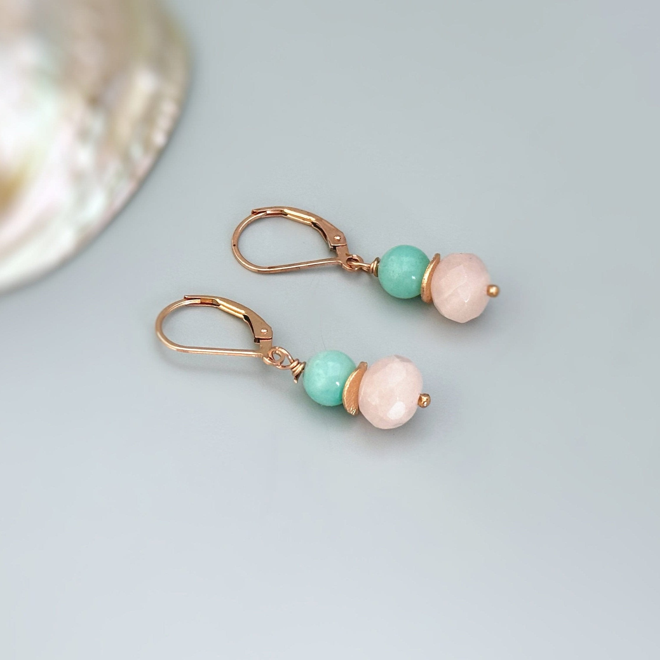 Romantic and Feminine dainty Rose Quartz and Peruvian Opal dangle earrings in Rose Gold Fill a lovely gift for a mom, wife, girlfriend pink and green handmade gemstone jewelry