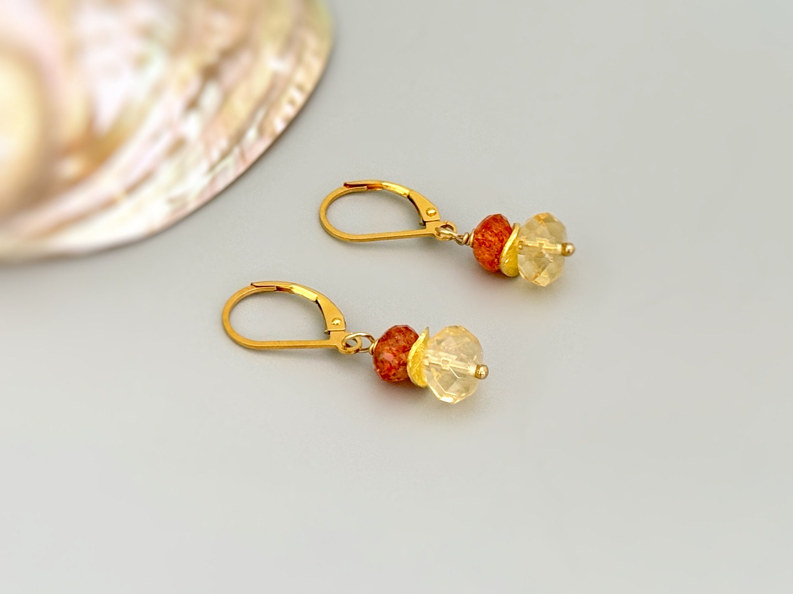 Dangly Citrine and Sunstone Drop Earrings in gold or sterling silver handmade orange yellow gemstone jewelry November Birthstone mom gift