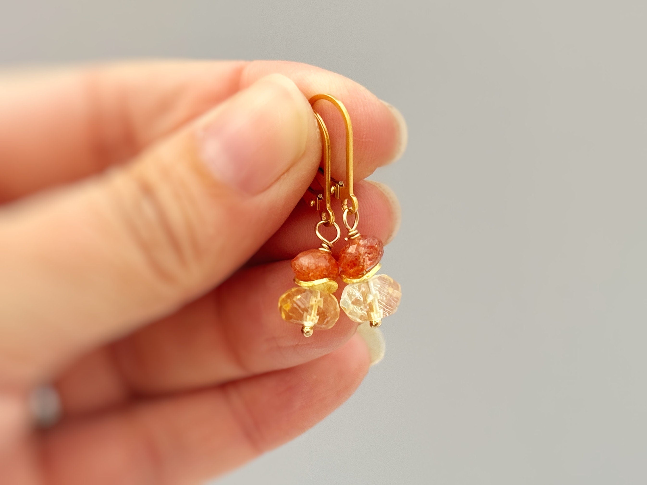 Dangly Citrine and Sunstone Drop Earrings in gold or sterling silver handmade orange yellow gemstone jewelry November Birthstone mom gift