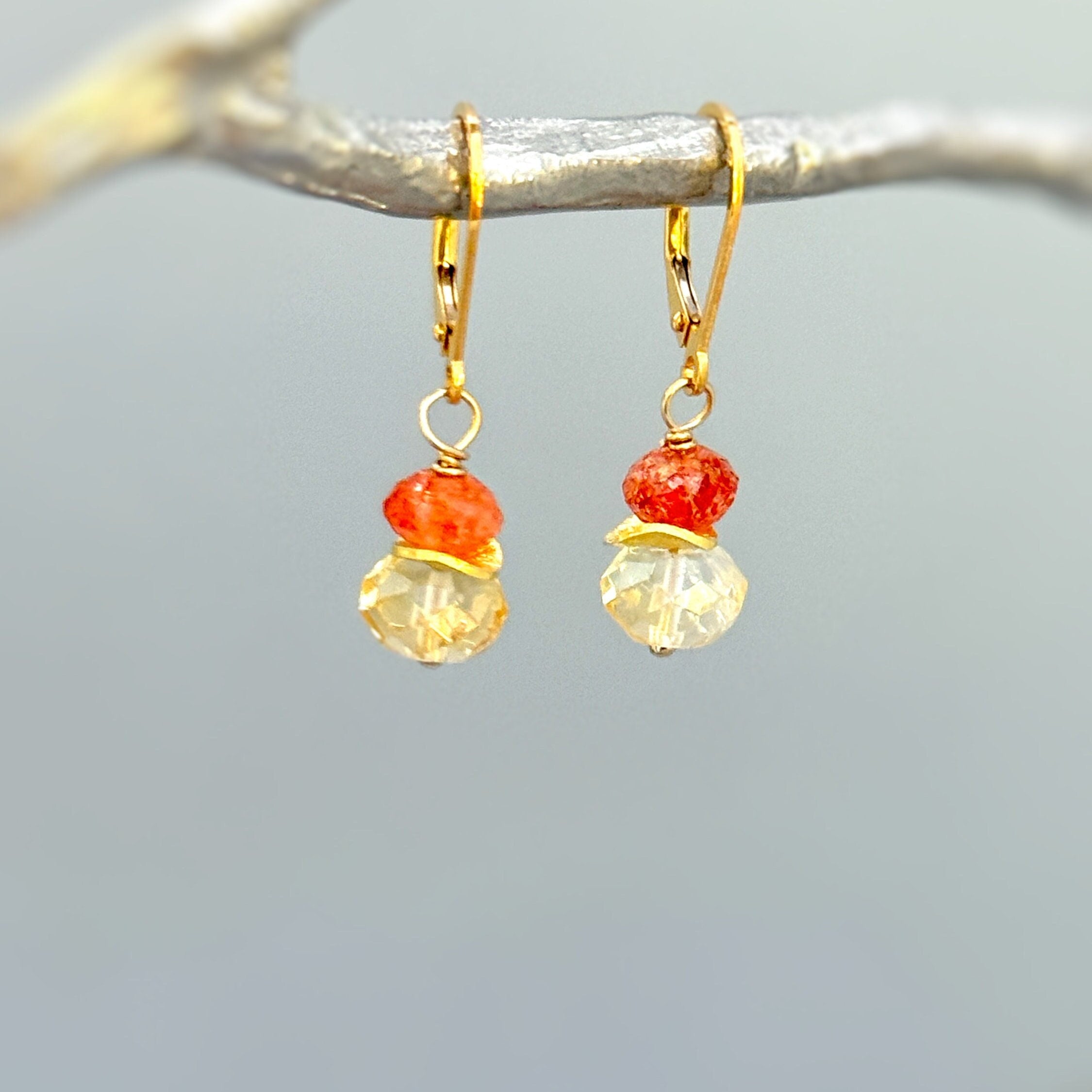 Colorful dangly drop orange Oregon sunstone and yellow citrine dangle earrings in your choice of gold fill, rose gold fill, or sterling silver. A lovely gift for a mom, wife, or girlfriend. Handmade November birthstone gemstone jewelry for women.