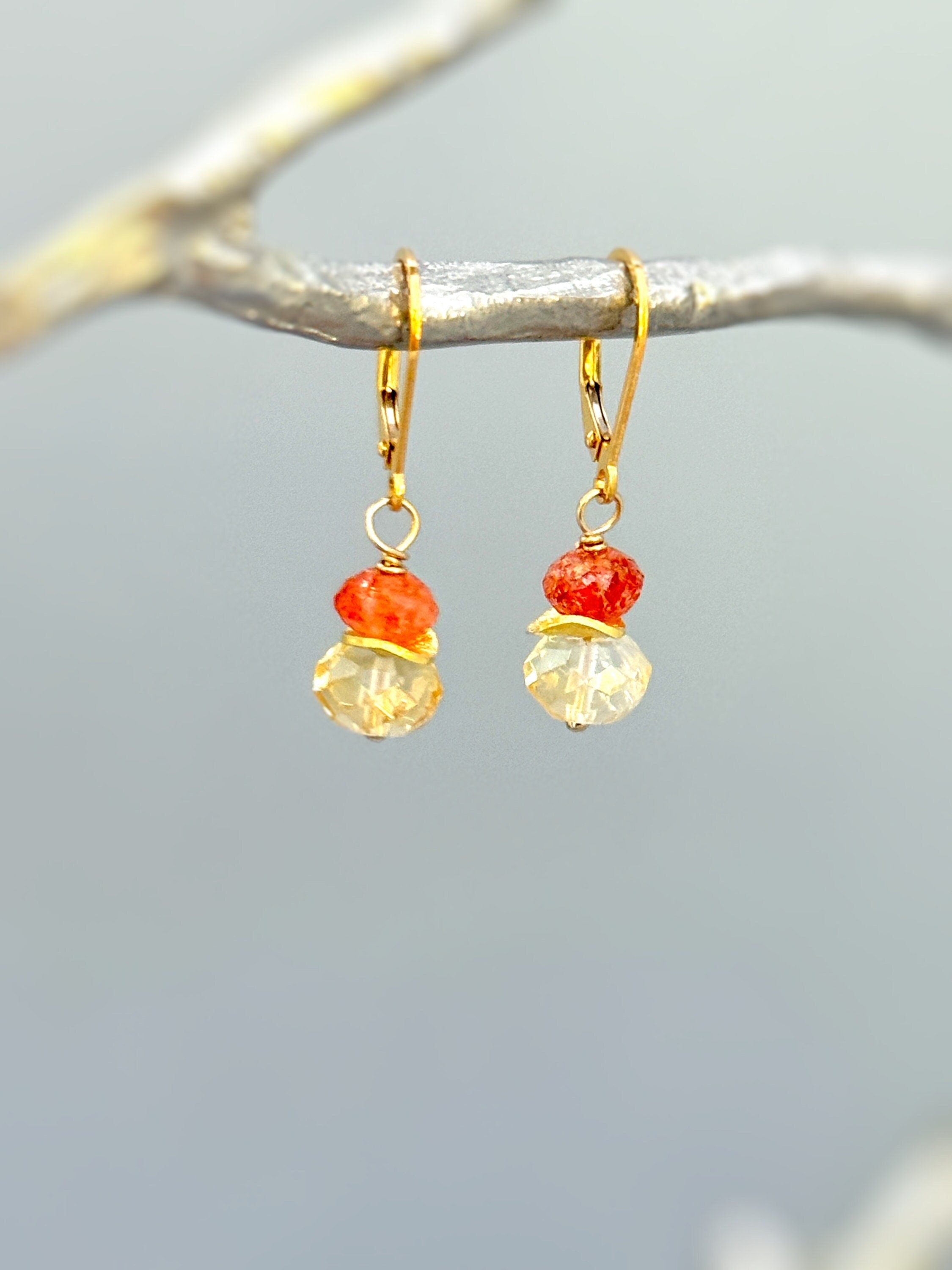 Colorful dangly drop orange Oregon sunstone and yellow citrine dangle earrings in your choice of gold fill, rose gold fill, or sterling silver. A lovely gift for a mom, wife, or girlfriend. Handmade November birthstone gemstone jewelry for women.