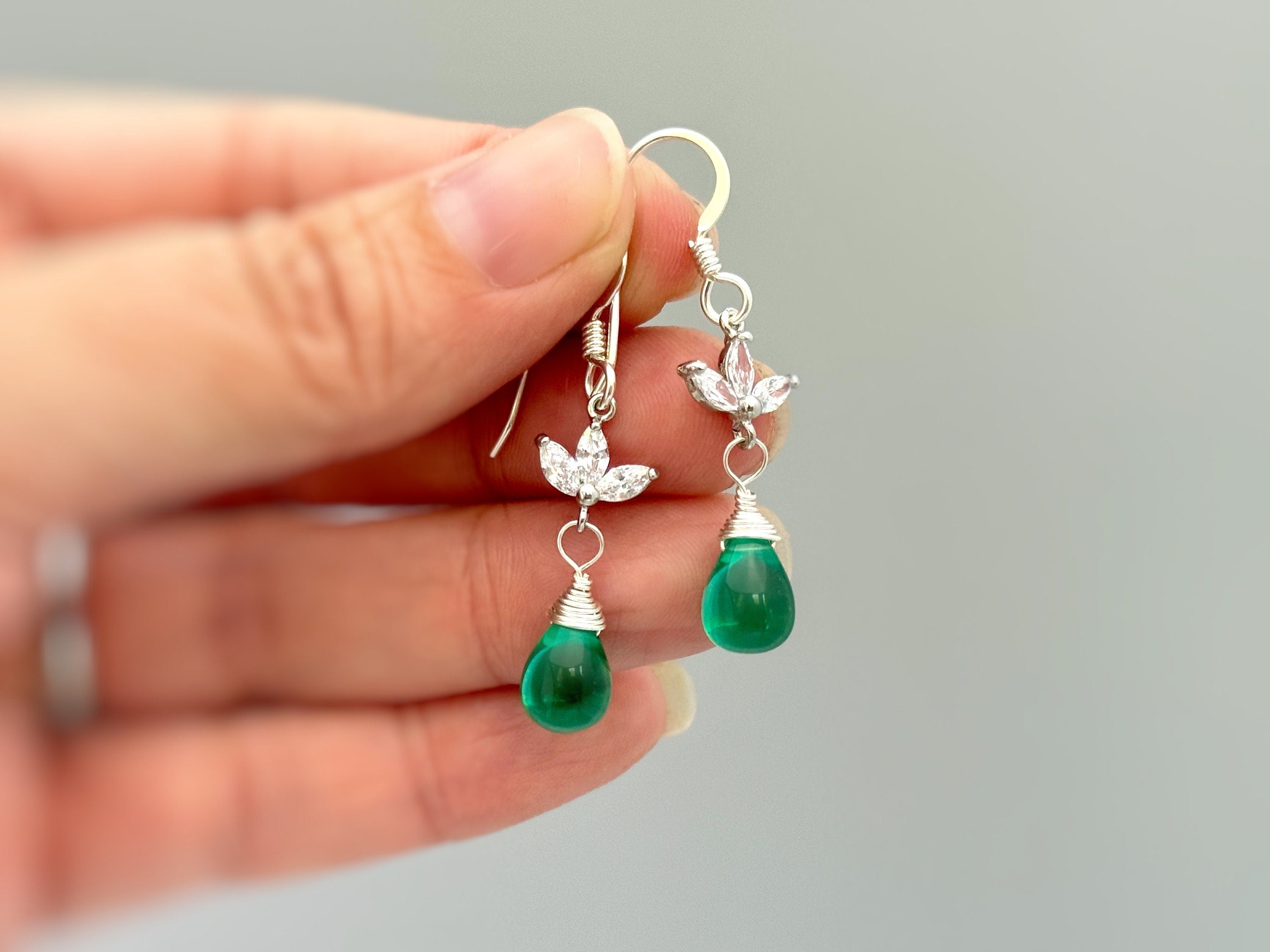 Emerald Green Gemstone earrings silver, gold sparkly crystal dangle teardrop boho gemstone jewelry for women dangly May birthstone earrings