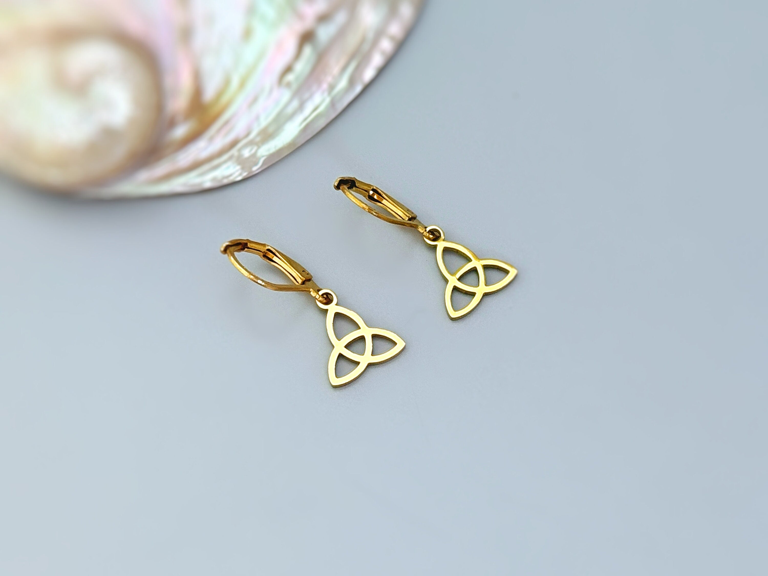 Celtic Trinity Knot Earrings dangle silver, gold sterling pagan Irish jewelry unique gift for friend handmade dangly lightweight earrings