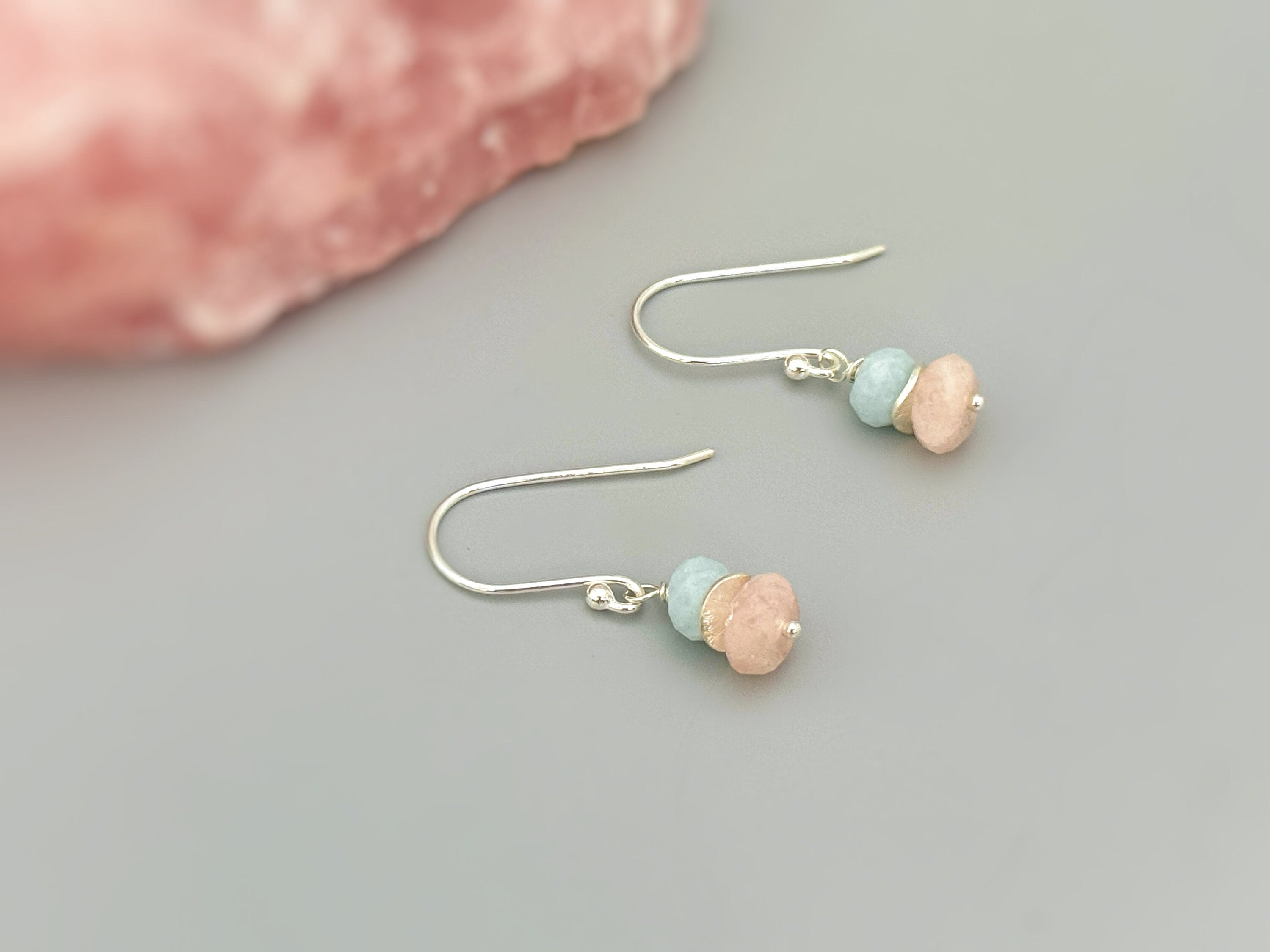 Pink Morganite and Blue Aquamarine Earrings dangle drop rose gold, silver, gold handmade dainty gemstone jewelry gift for girlfriend, sister