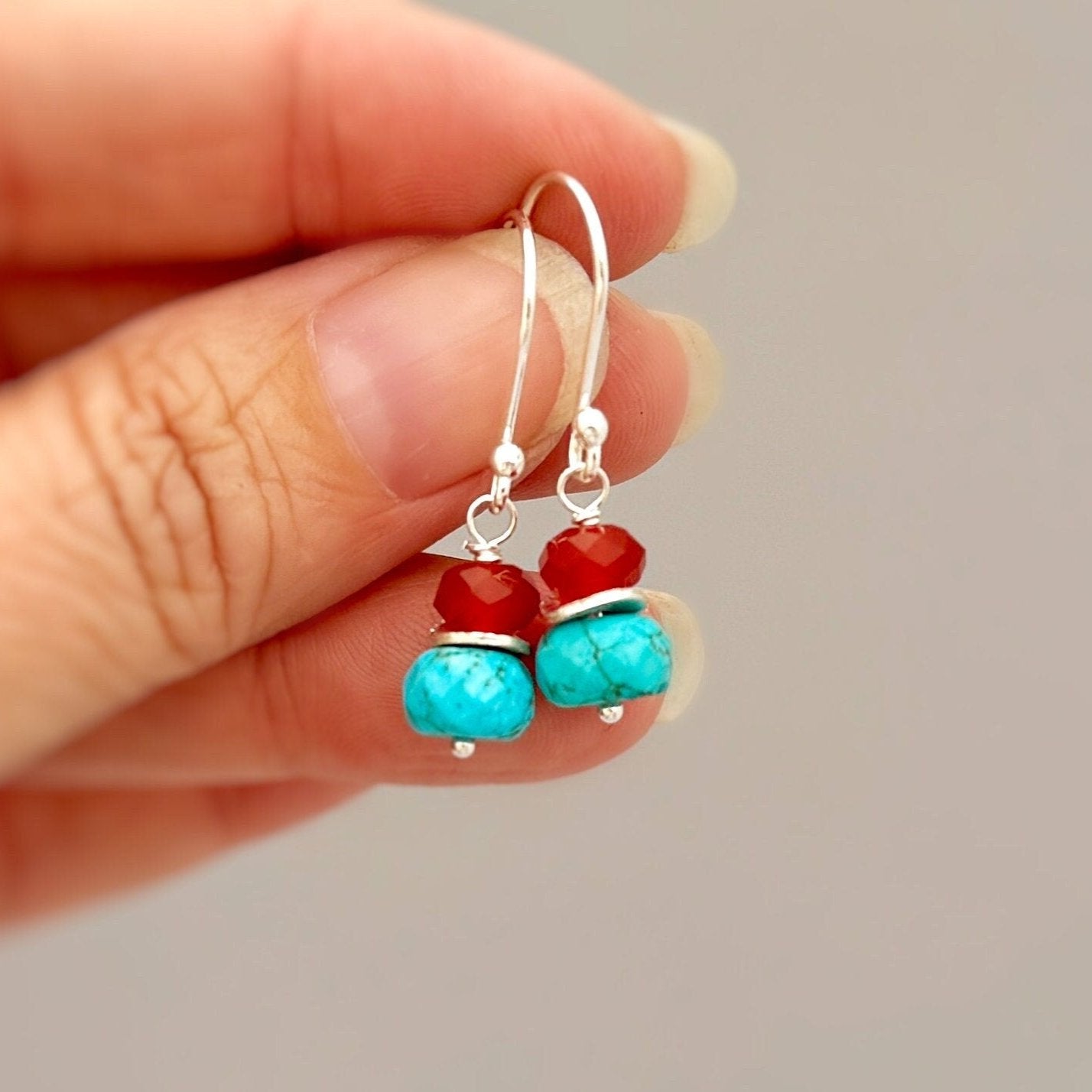 Sterling Silver Turquoise Drop earring dangle with carnelian gems Red and Blue gemstone jewelry for women