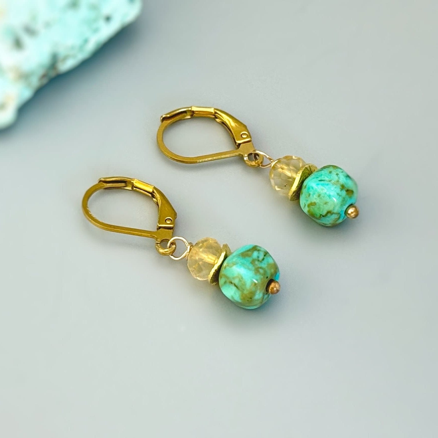 Citrine and Turquoise Earrings gold drop dangle. Handmade December birthstone jewelry for women