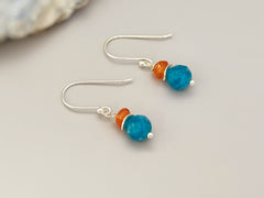 Dangly Sunstone Gemstone Earrings in gold or sterling silver handmade orange blue Apatite jewelry drop earrings gift for sister, friend, mom