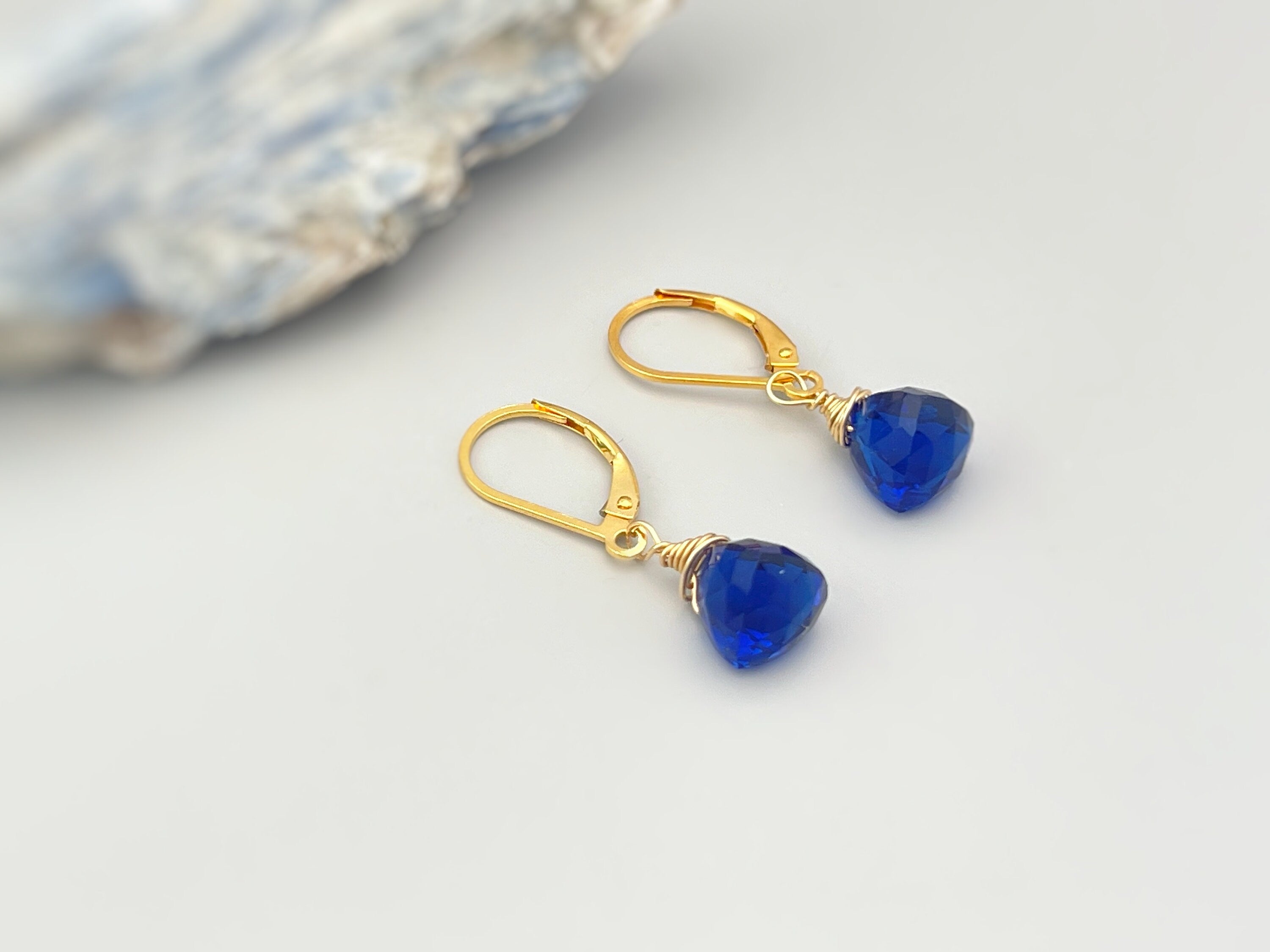 Sapphire Blue dangling earrings sterling silver, gold rose gold dainty tear drop crystal drop Kyanite Blue Quartz gemstone jewelry gift