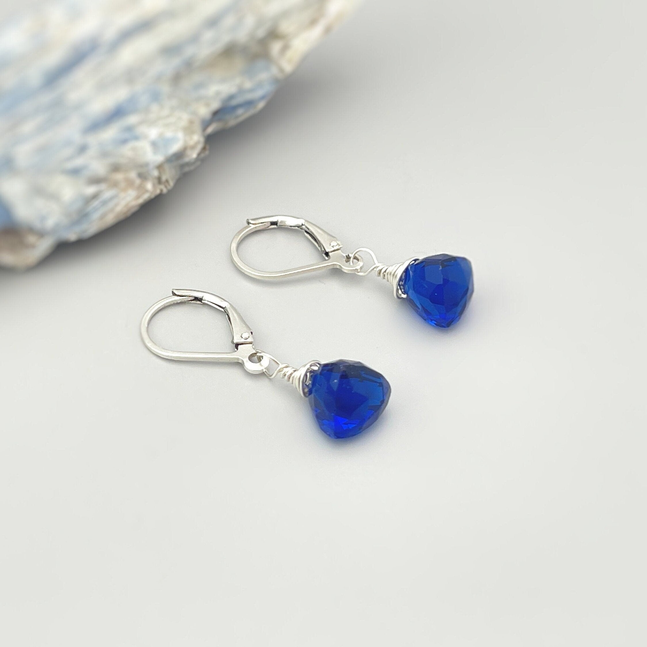 Sapphire Blue dangling earrings in sterling silver, 14k gold, or rose gold kyanite blue quartz gemstone September birthstone jewelry for women