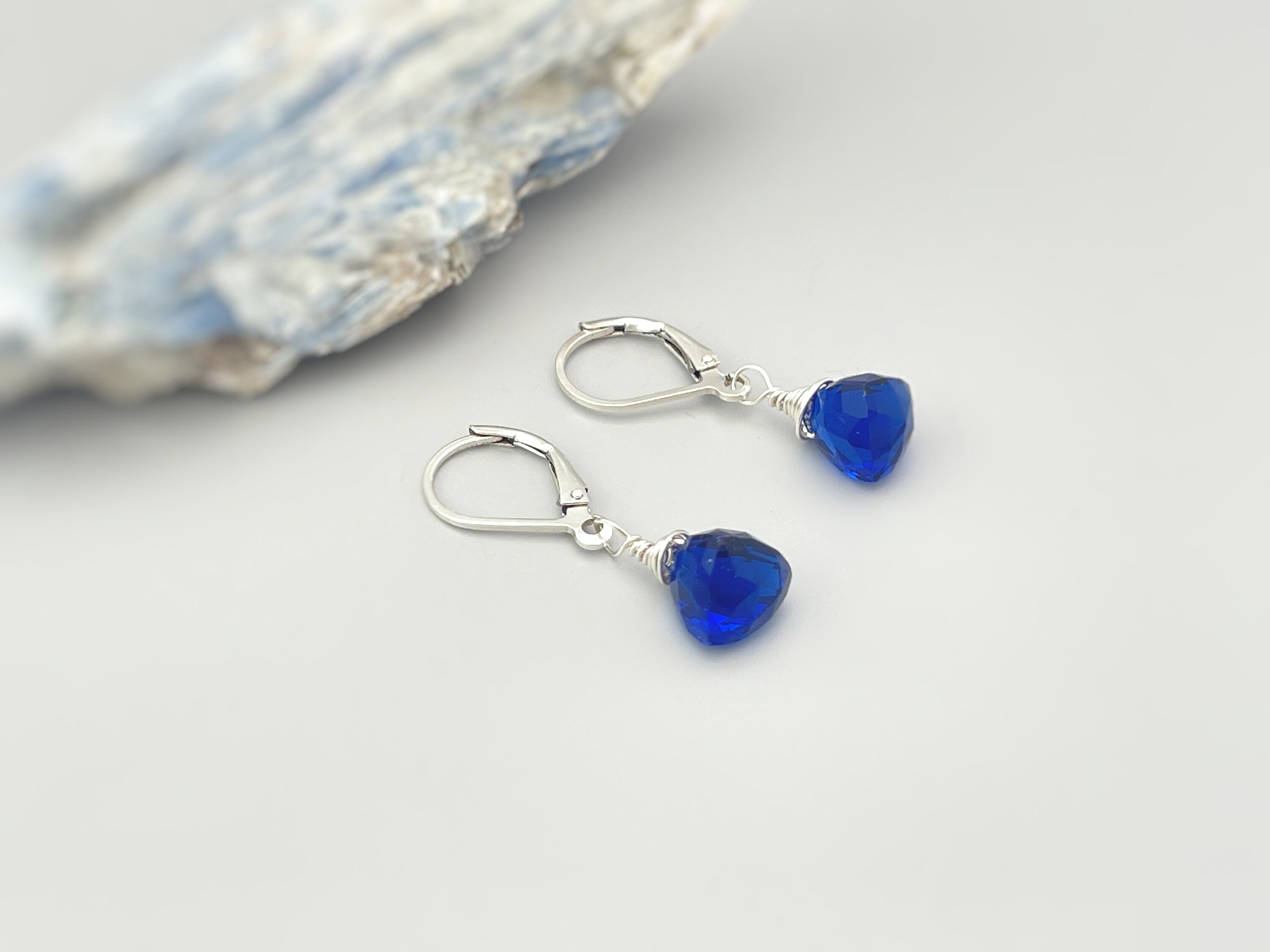 Sapphire Blue dangling earrings sterling silver, gold rose gold dainty tear drop crystal drop Kyanite Blue Quartz gemstone jewelry gift