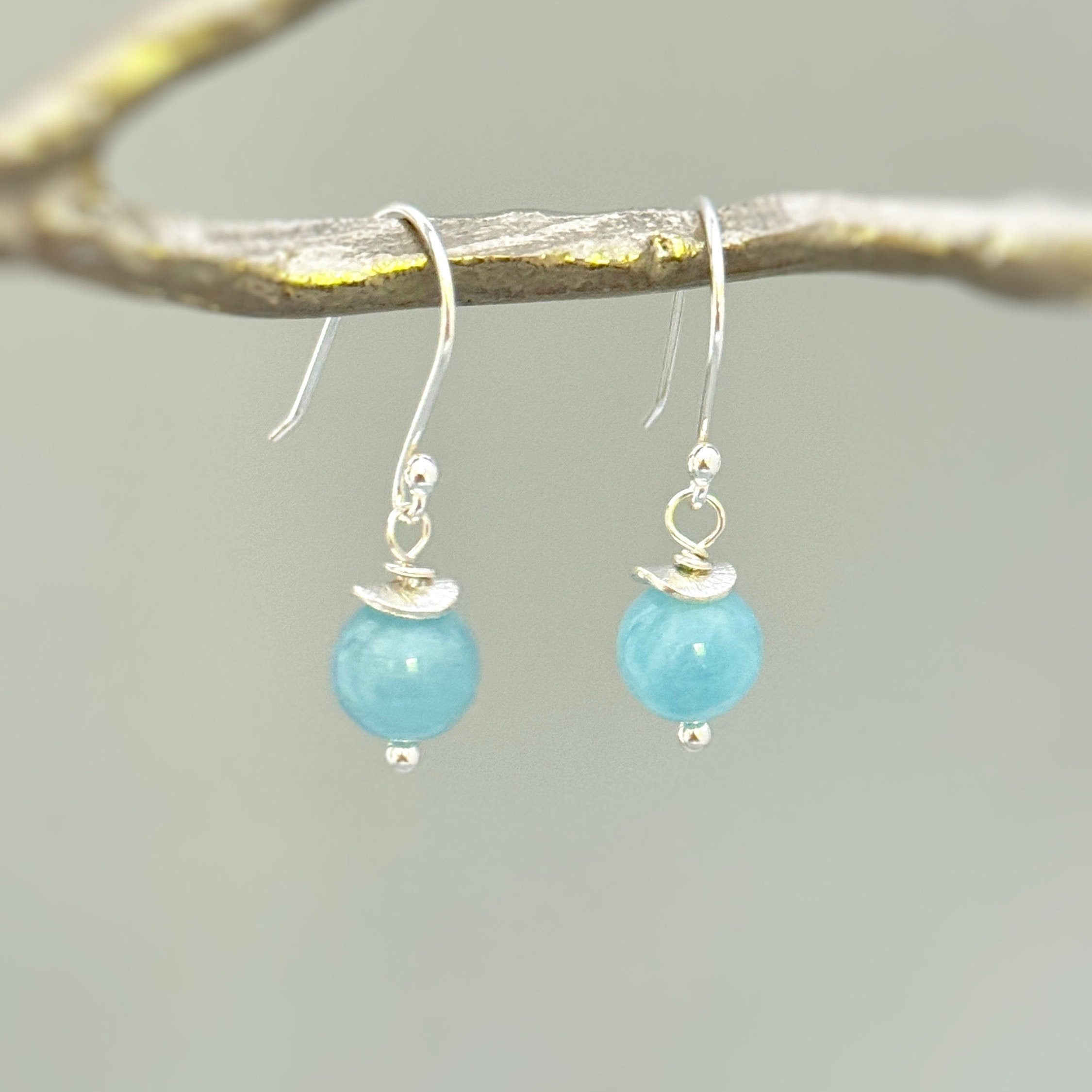 Handmade Aquamarine earrings dangle in gold, rose gold or sterling silver. March Birthstone gift for mom, sister, wife. Lightweight everyday modern jewelry for women