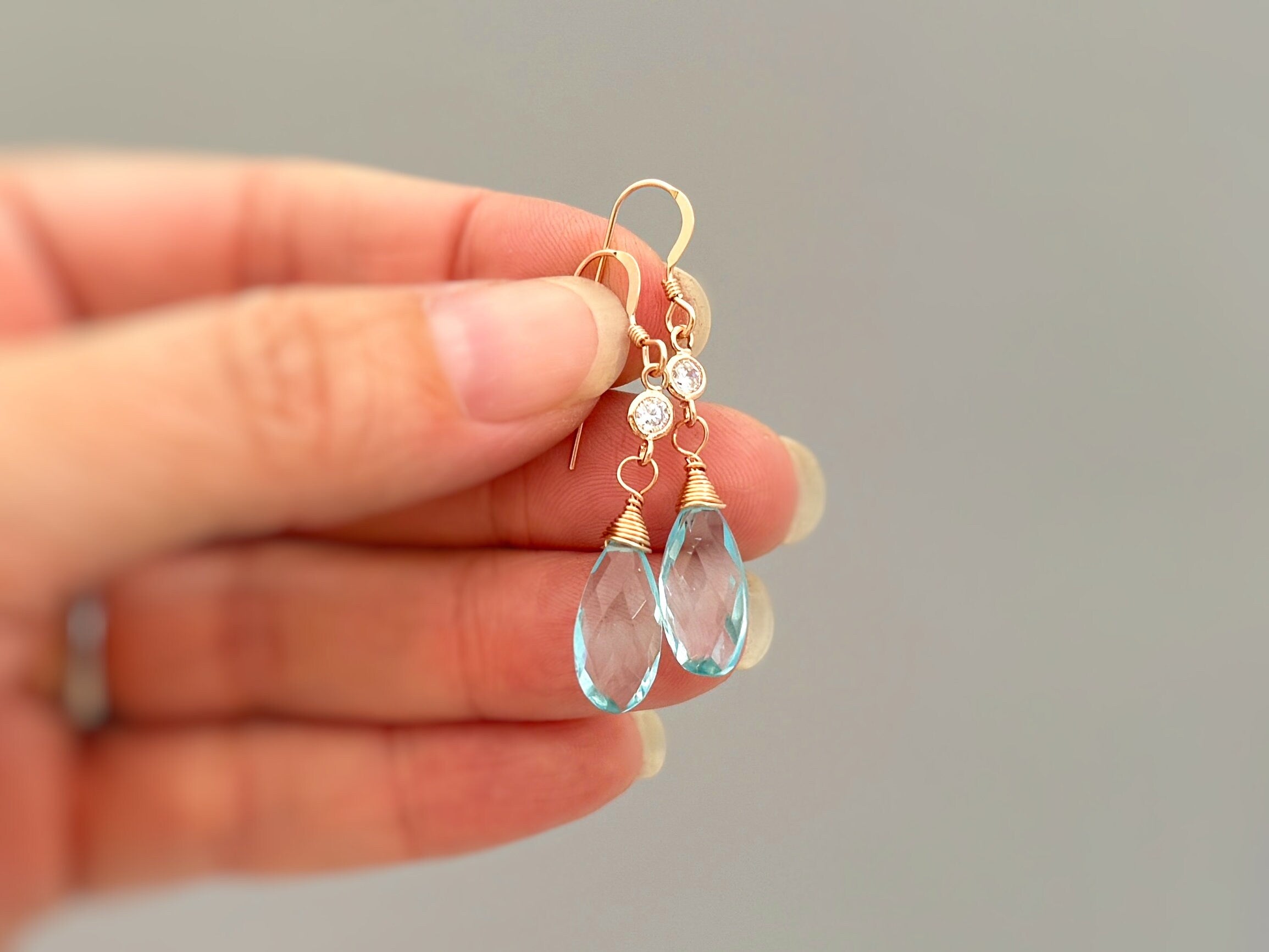 Aquamarine Earrings dangle, Rose Gold, Gold Silver dainty blue gemstone crystal Handmade March Birthstone crystal Jewelry gift for mom, wife