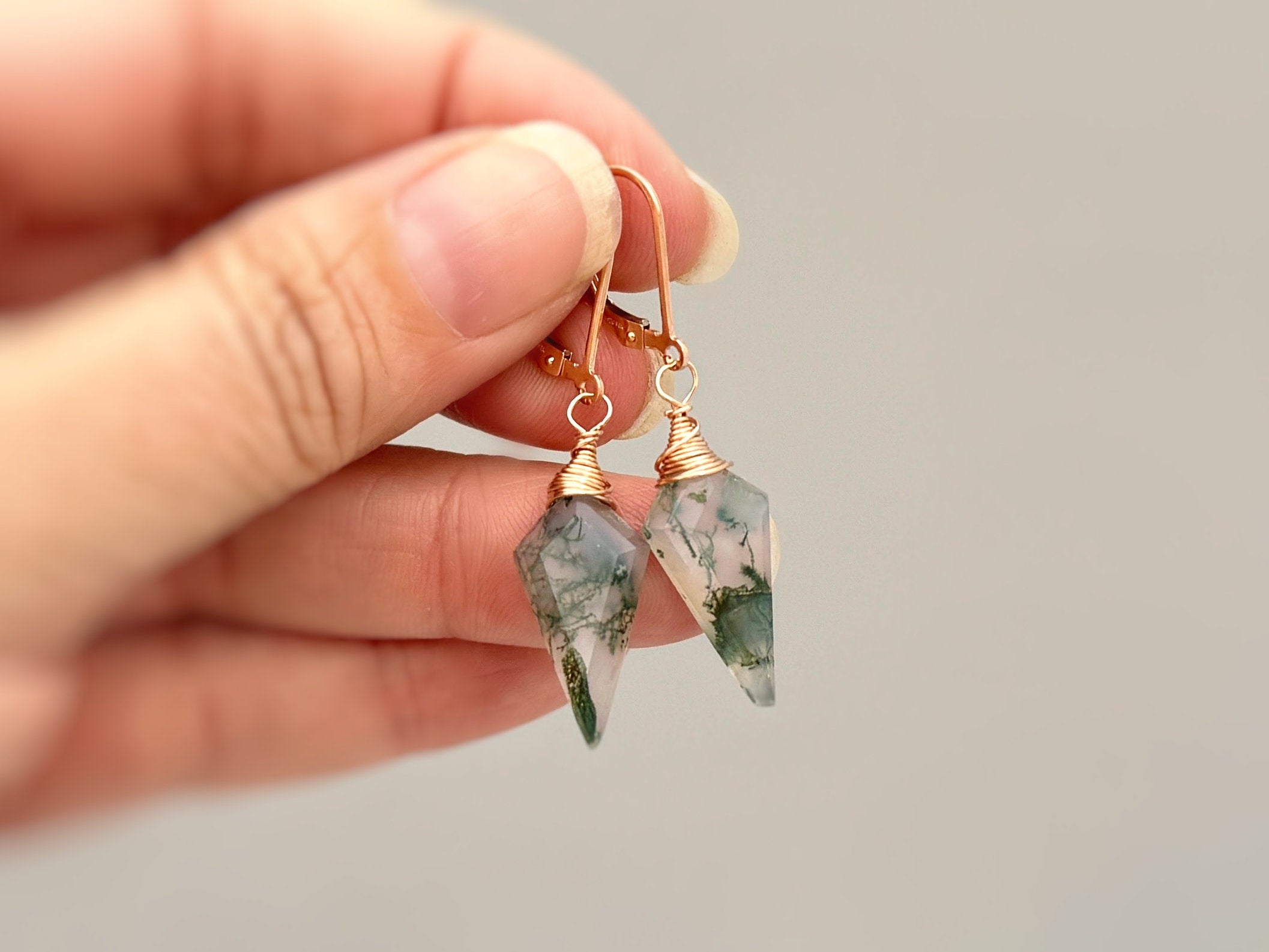 Moss Agate Earrings Dangle Rose Gold, Sterling Silver 14k Gold Leverbacks
