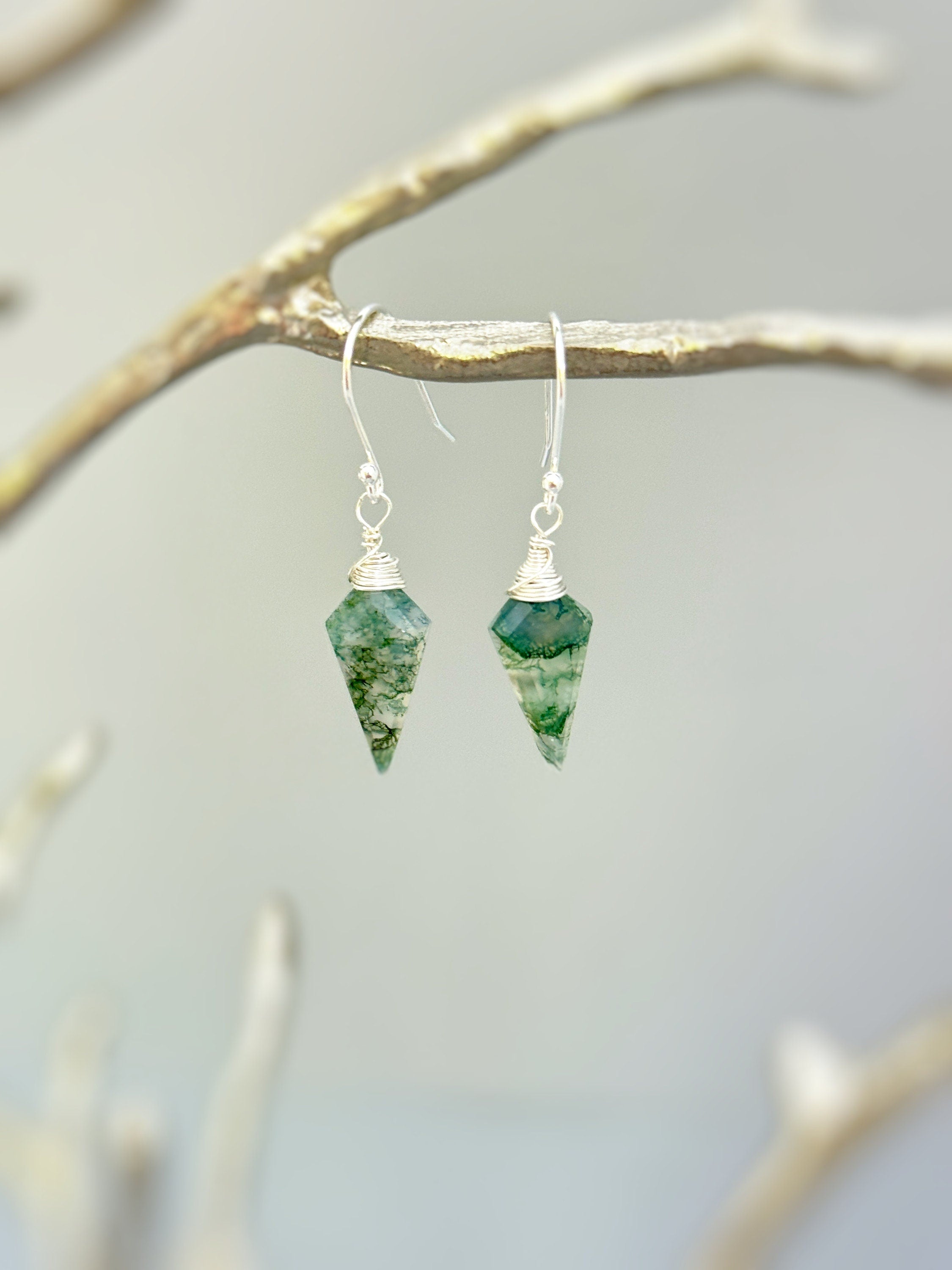 Moss Agate Earrings Dangle Sterling Silver, Rose Gold, 14k Gold Fill dainty raw green gemstone crystal Handmade jewelry gift for daughter