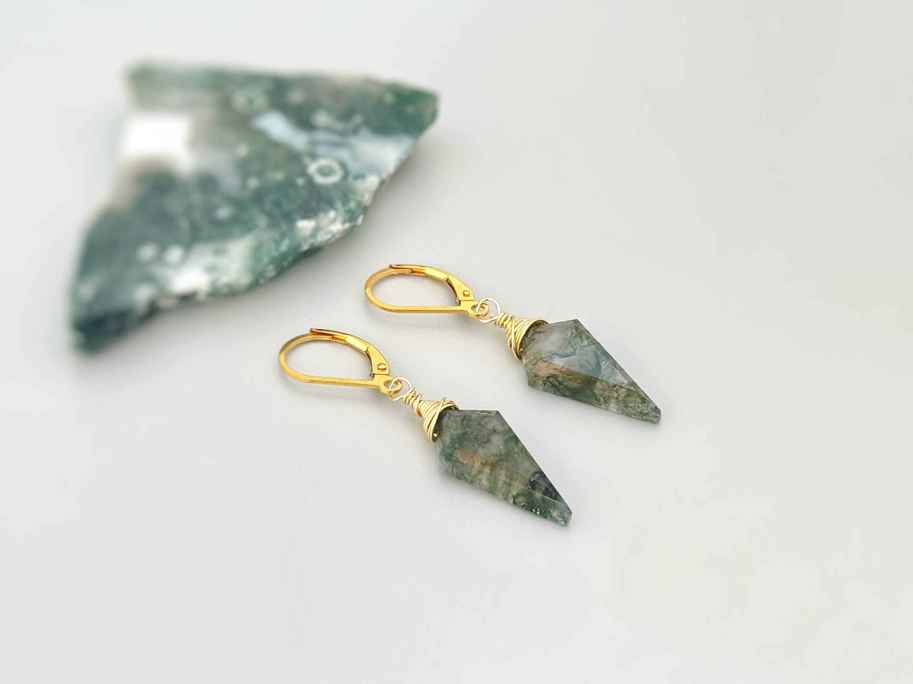 Moss Agate Earrings Dangle Gold Leverbacks