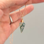 Moss Agate Necklace Rose Gold, gold, sterling silver handmade crystal jewelry green gemstone pendant layering necklace for bohemian gift