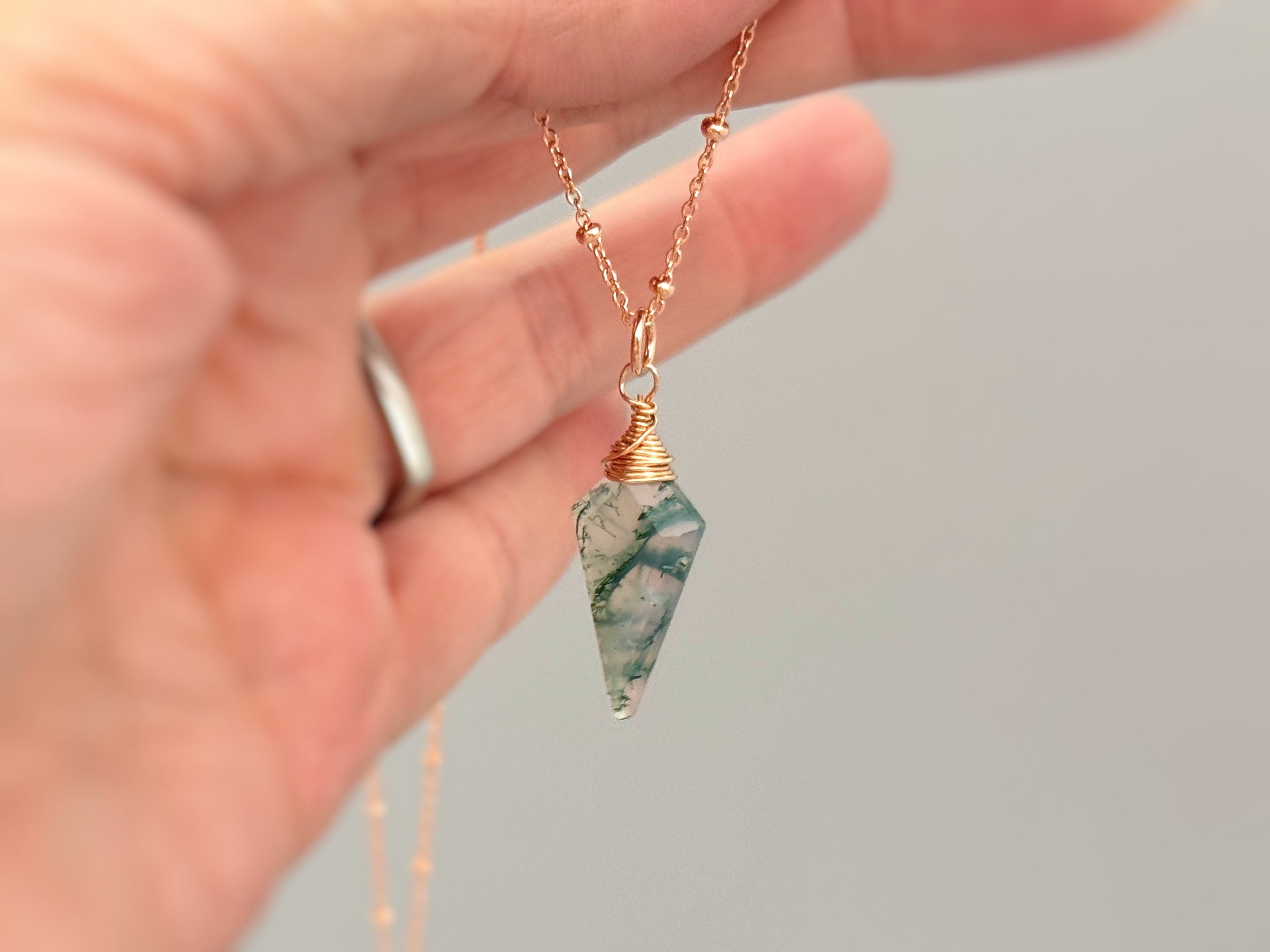 Moss Agate Necklace Rose Gold, gold, sterling silver handmade crystal jewelry green gemstone pendant layering necklace for bohemian gift