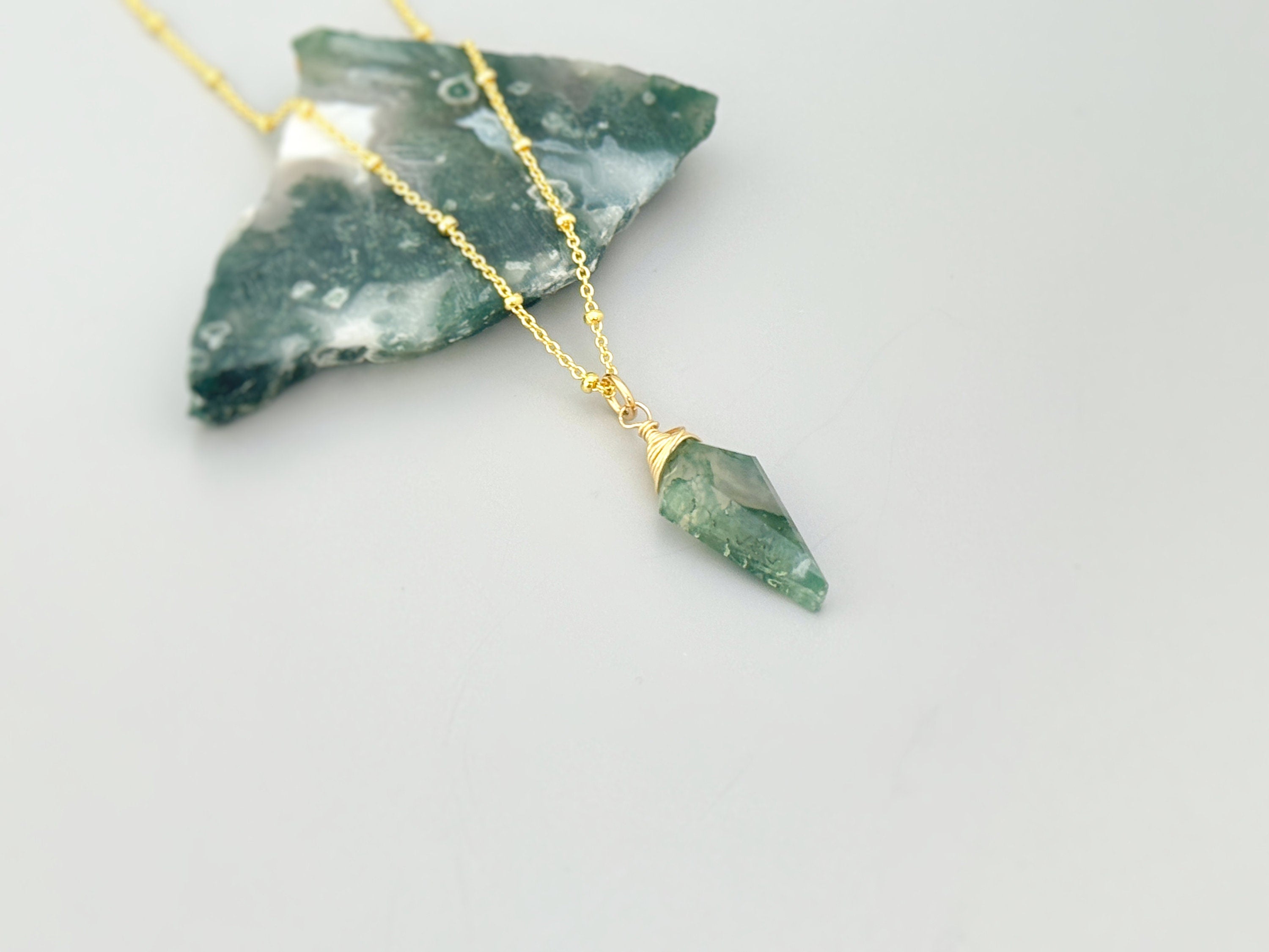 Moss Agate Necklace Rose Gold, gold, sterling silver handmade crystal jewelry green gemstone pendant layering necklace for bohemian gift