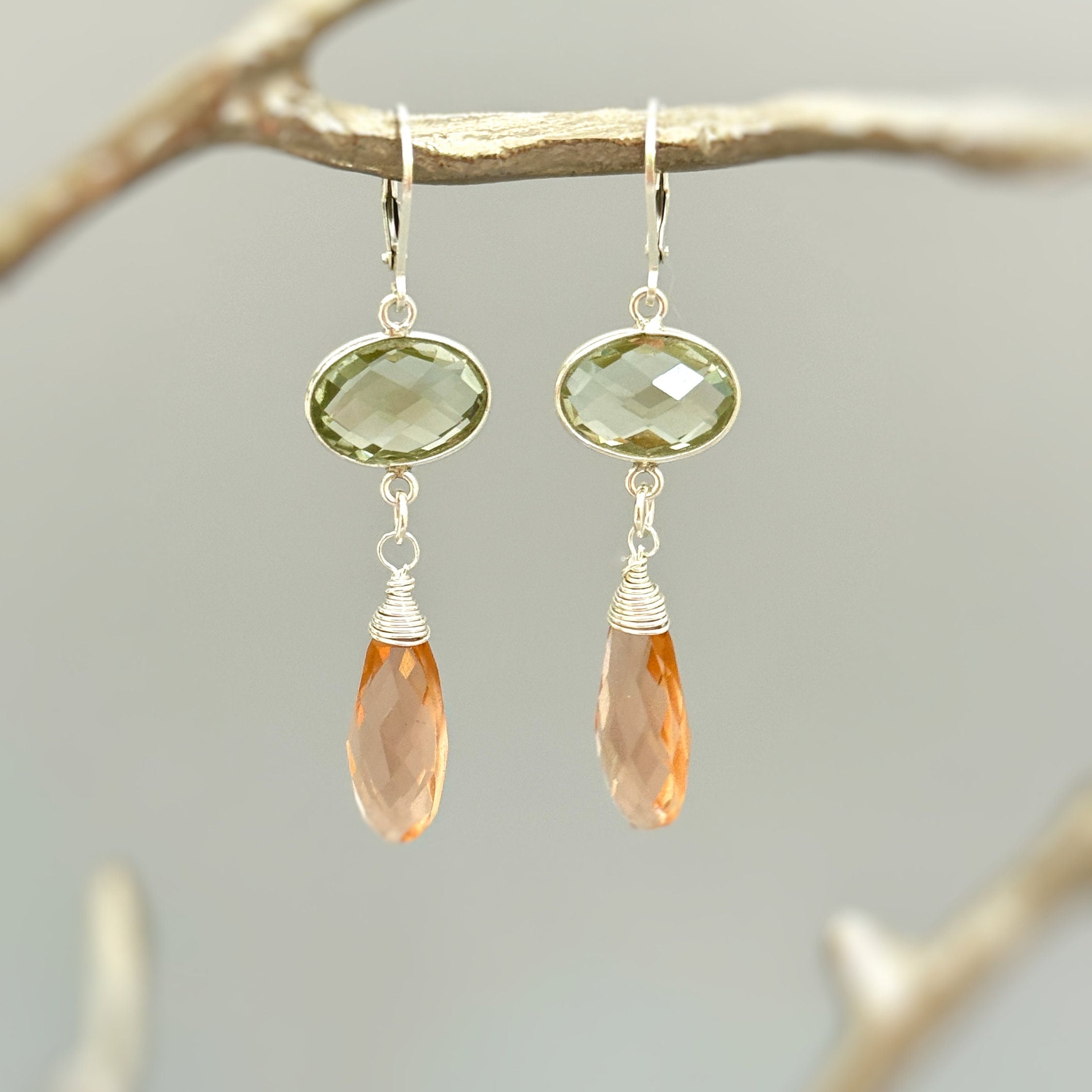 Green Amethyst and Morganite earrings dangle, Sterling Silver unique handmade jewelry for women green peach pink gemstone dangly drops gift