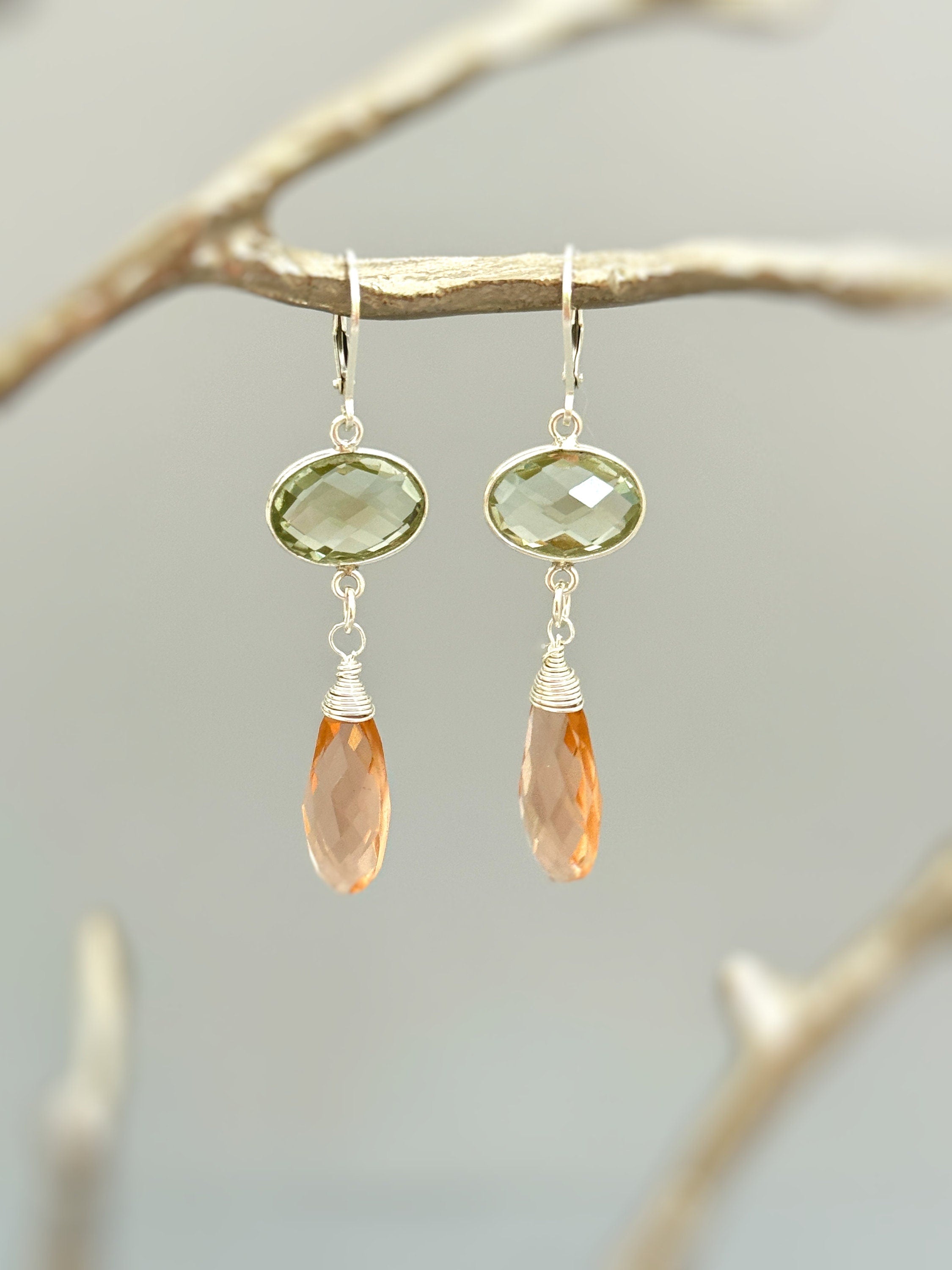 Green Amethyst and Morganite earrings dangle, Sterling Silver unique handmade jewelry for women green peach pink gemstone dangly drops gift