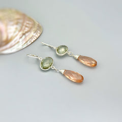 Green Amethyst and Morganite earrings dangle, Sterling Silver unique handmade jewelry for women green peach pink gemstone dangly drops gift