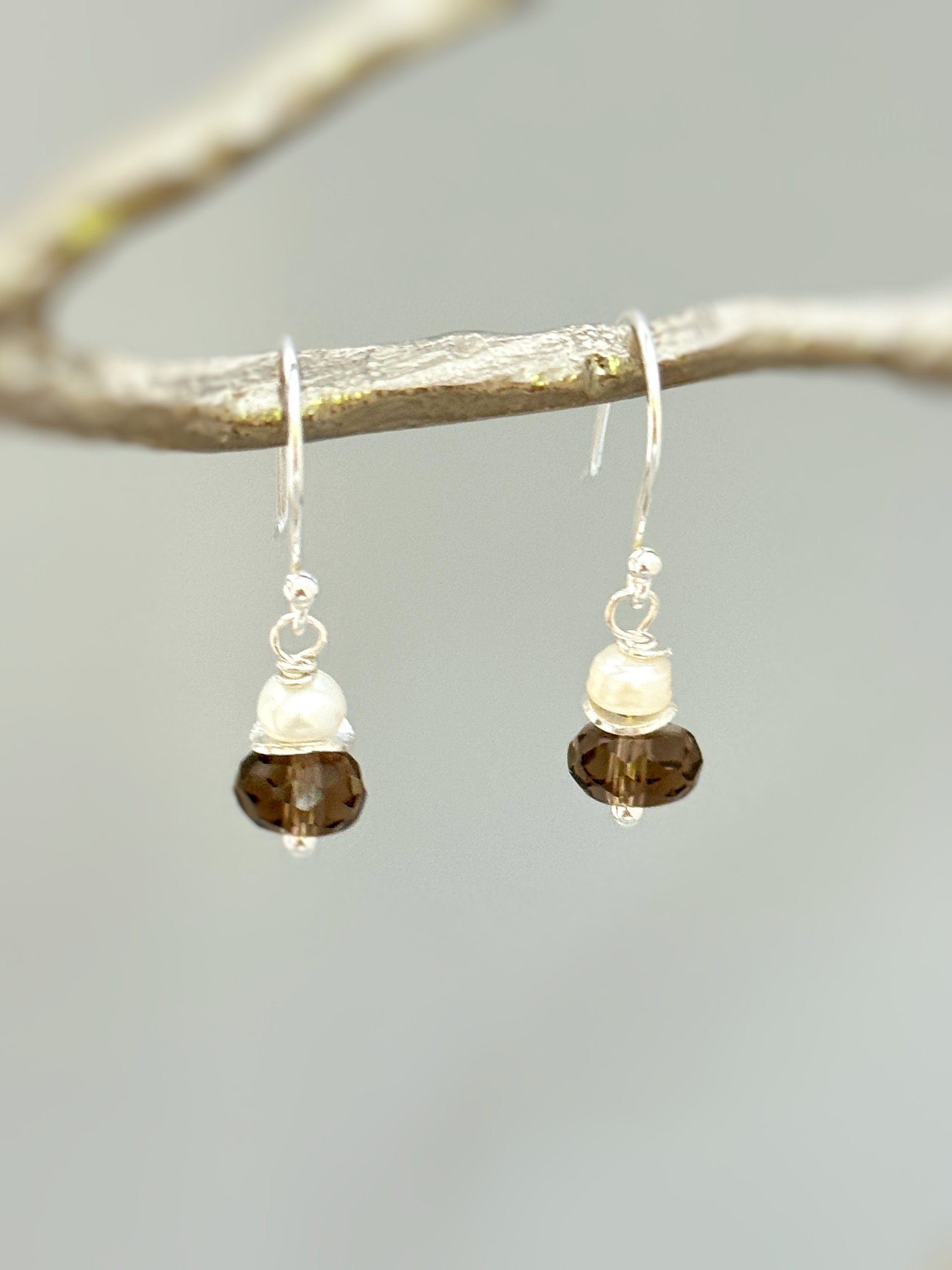 Smoky Quartz Freshwater Pearl Earrings dangle Sterling Silver gold dangly handmade gemstone handmade jewelry gift for wife, mom, daughter