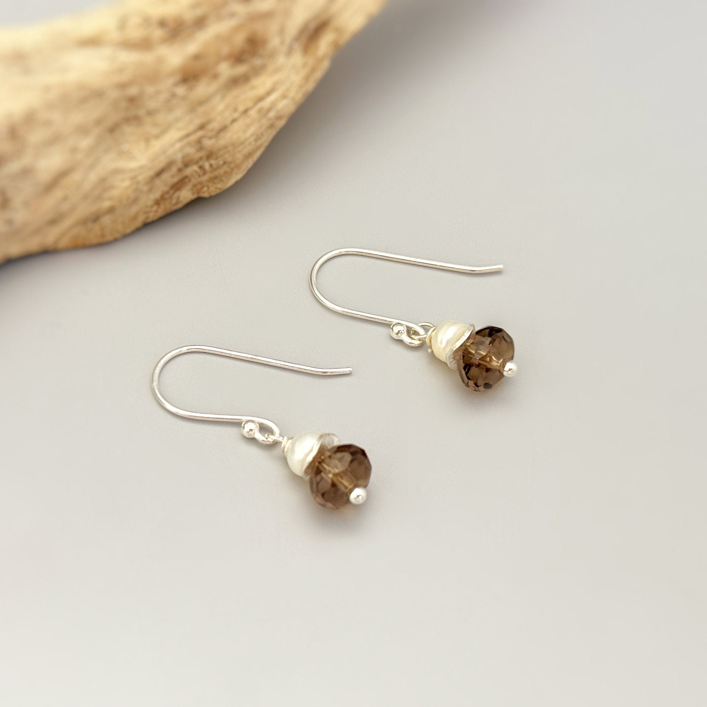 dainty smoky quartz and freshwater pearl drop earrings