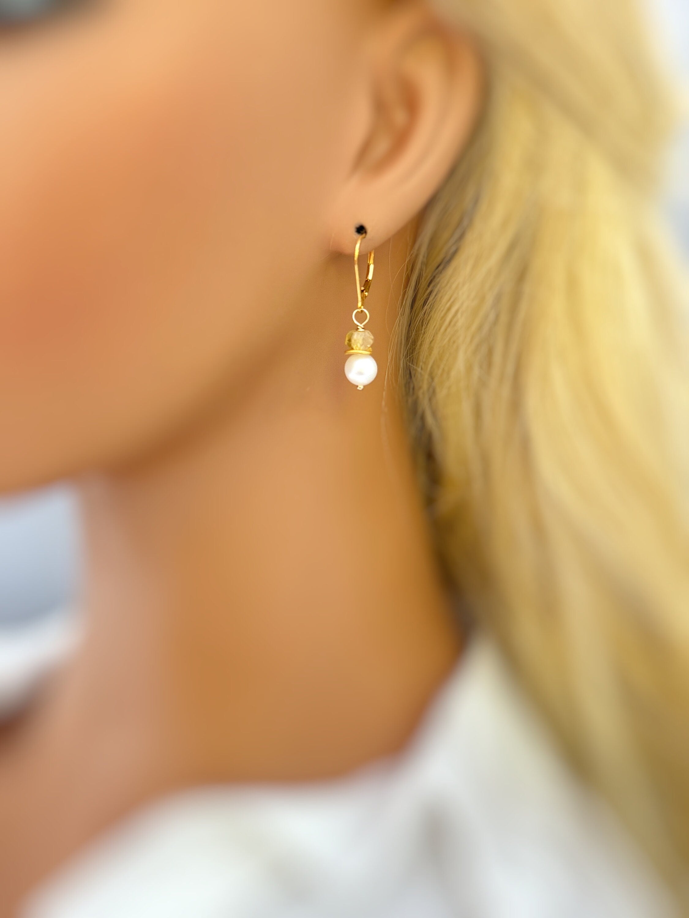 Citrine and Pearl Earrings dangle Sterling Silver 14k gold dangly handmade gemstone freshwater pearl jewelry gift for wife, mom, daughter