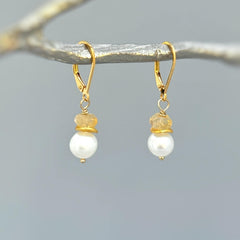 Dainty citrine gemstone and freshwater pearl earrings in sterling silver or 14k gold fill.