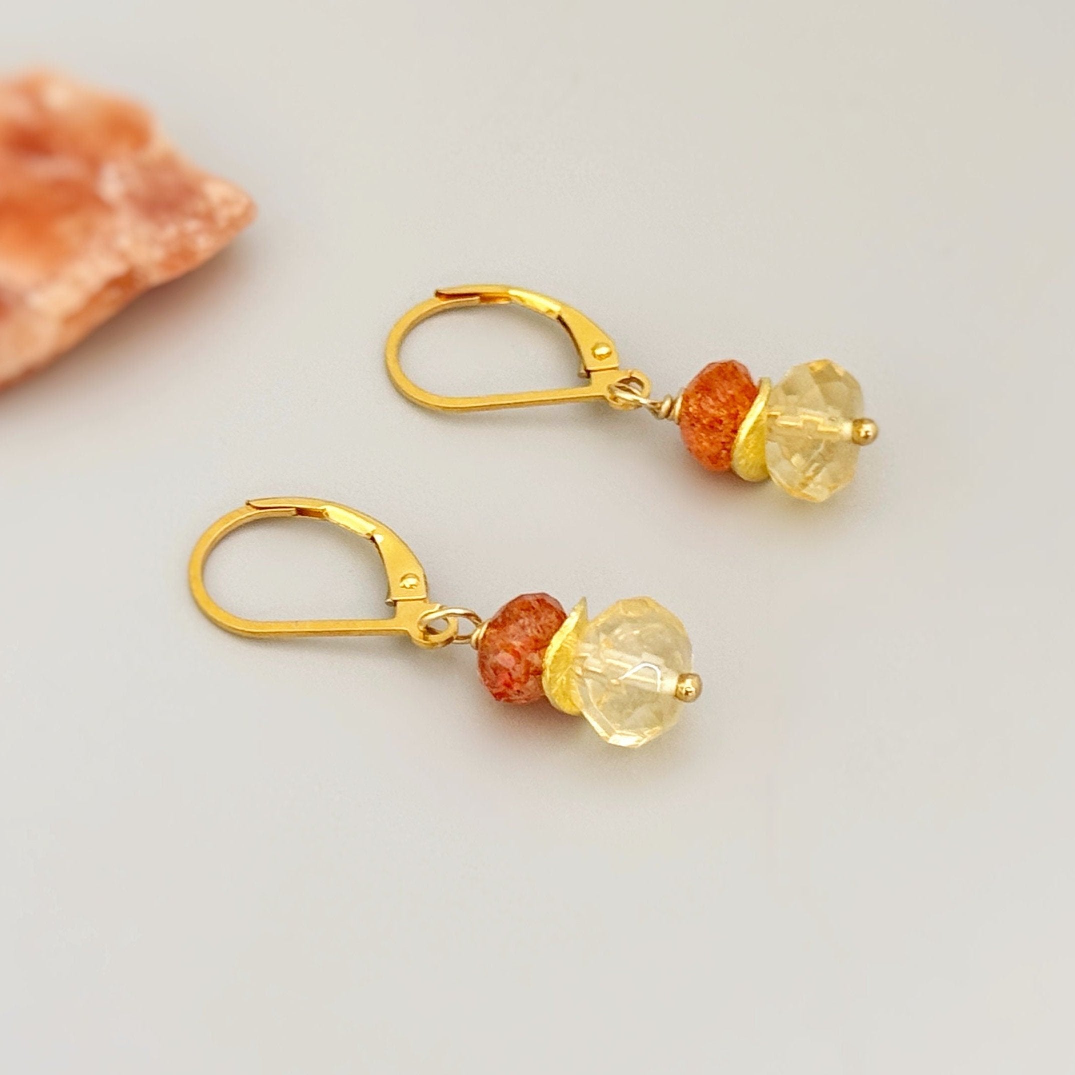 Colorful dangly drop orange Oregon sunstone and yellow citrine dangle earrings in your choice of gold fill, rose gold fill, or sterling silver. A lovely gift for a mom, wife, or girlfriend. Handmade November birthstone gemstone jewelry for women.