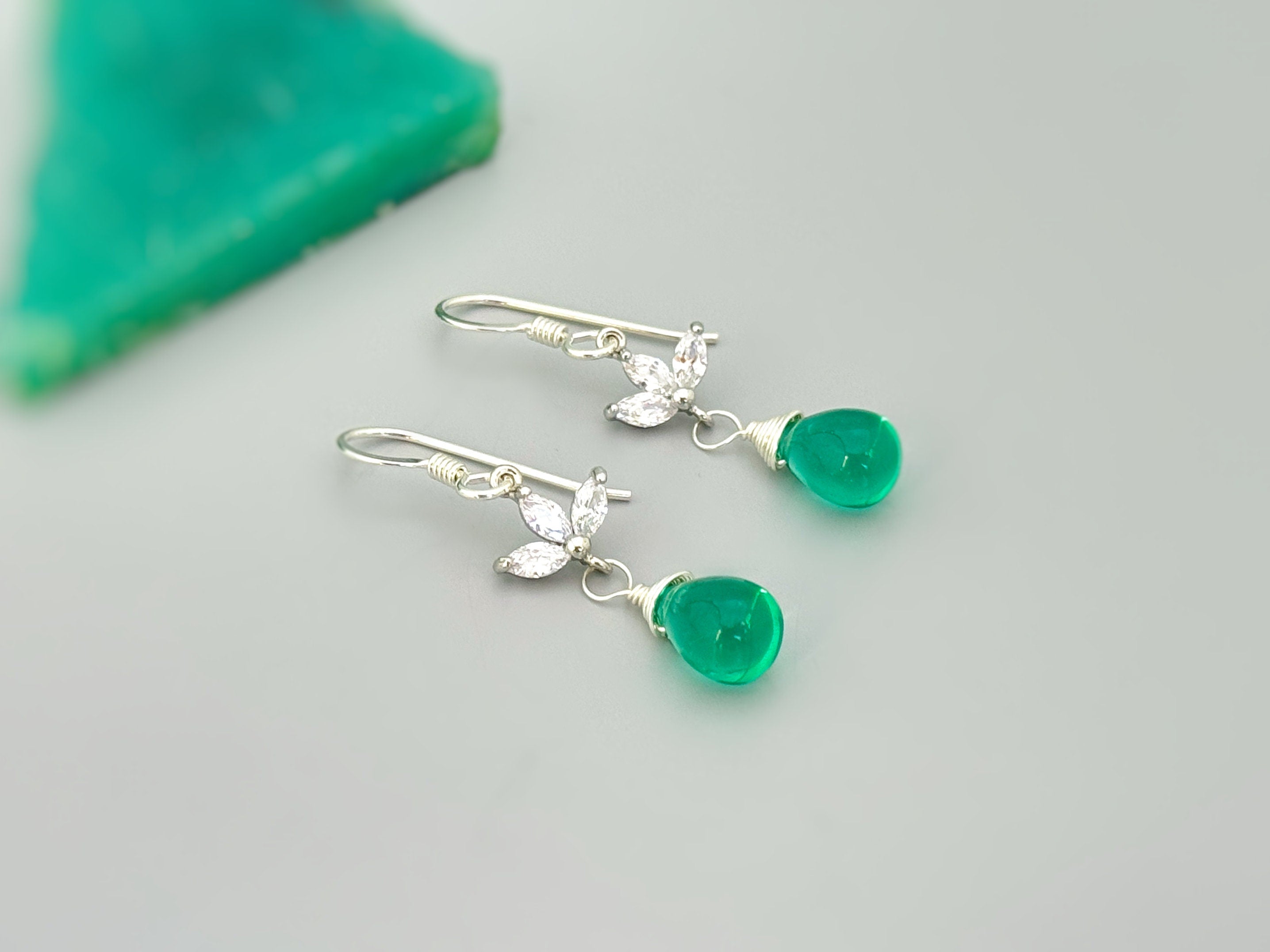 Emerald Green Gemstone earrings silver, gold sparkly crystal dangle teardrop boho gemstone jewelry for women dangly May birthstone earrings