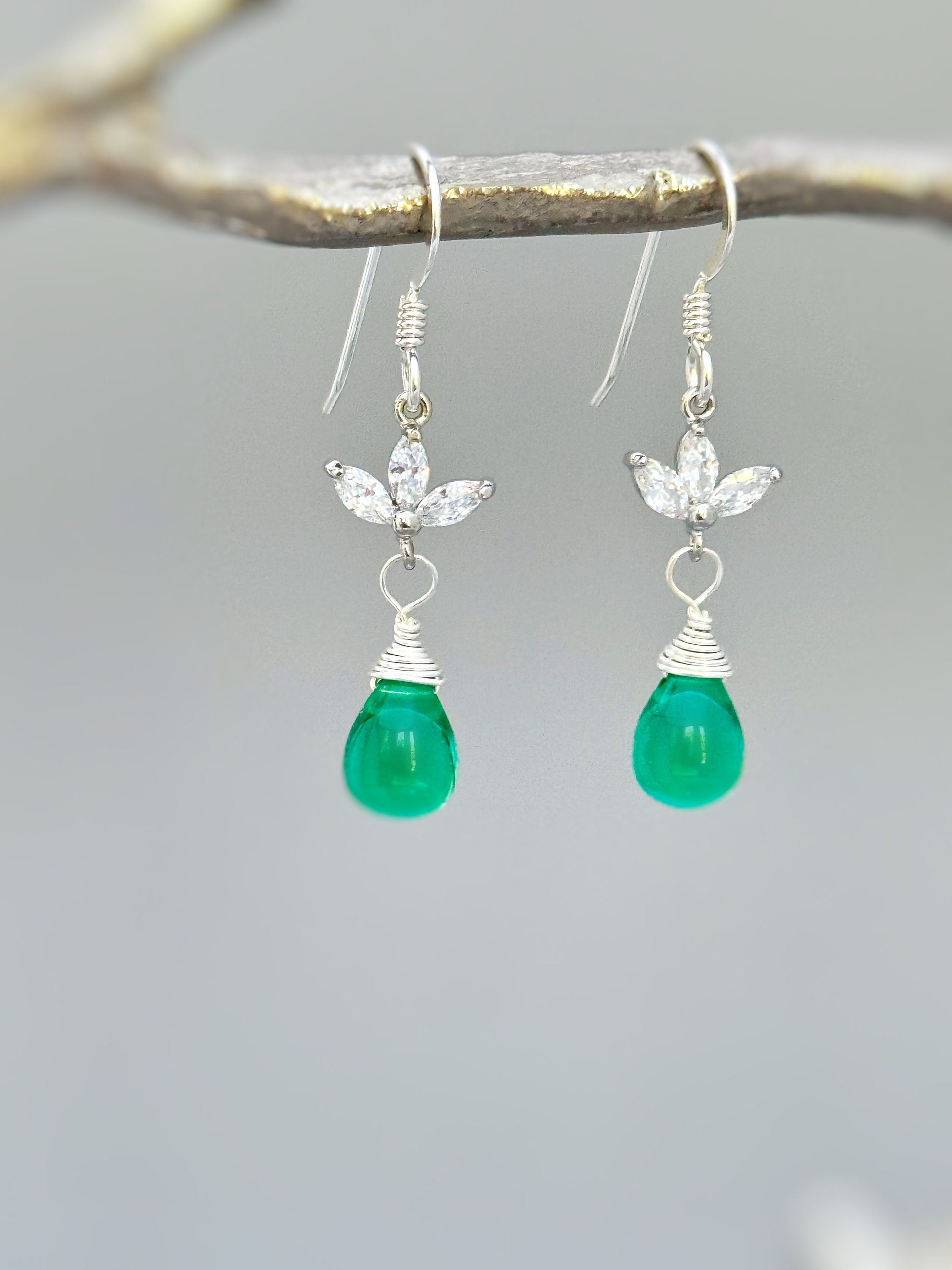 Emerald Green Gemstone earrings silver, gold sparkly crystal dangle teardrop boho gemstone jewelry for women dangly May birthstone earrings