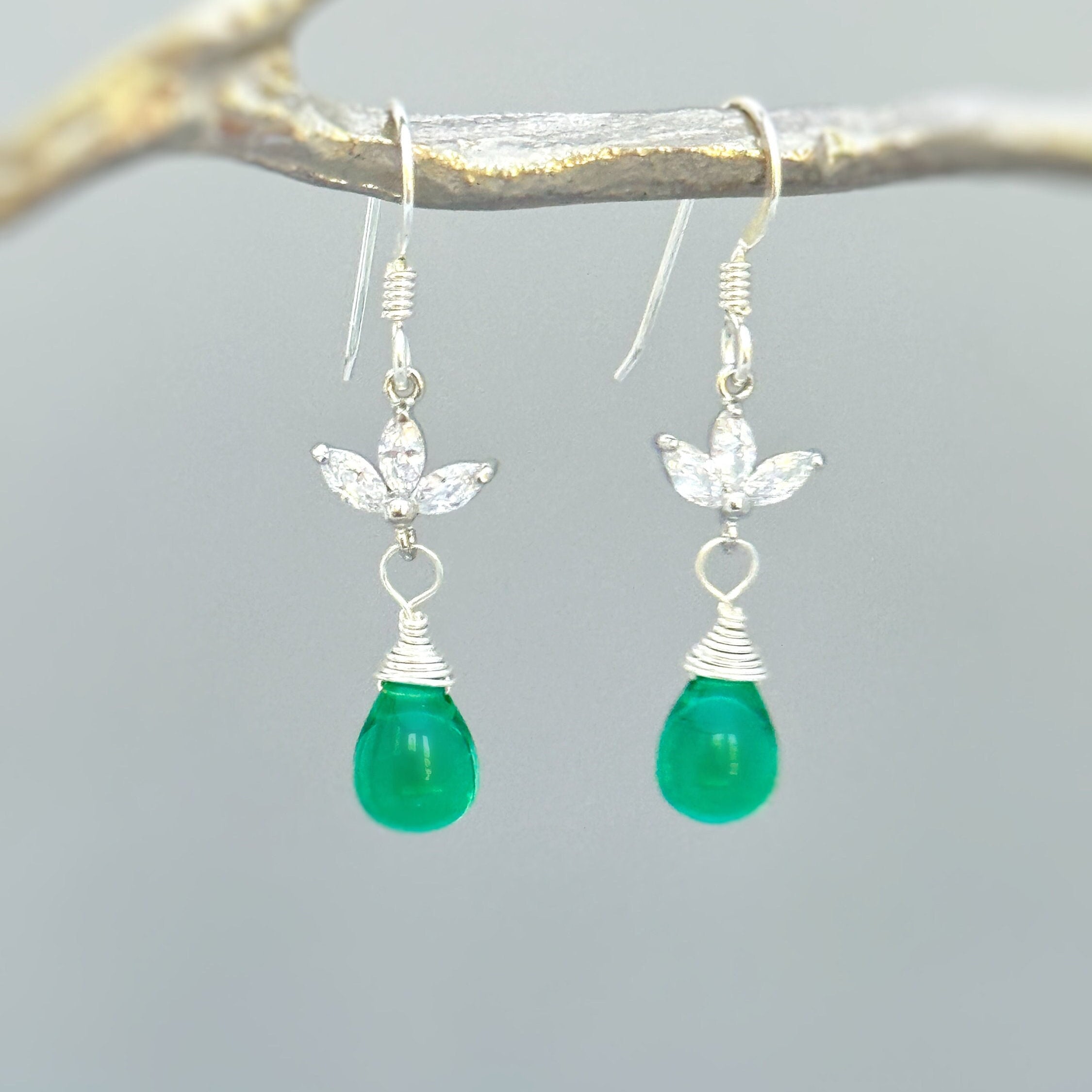 Emerald Green Gemstone earrings silver, gold sparkly crystal dangle teardrop boho gemstone jewelry for women dangly May birthstone earrings