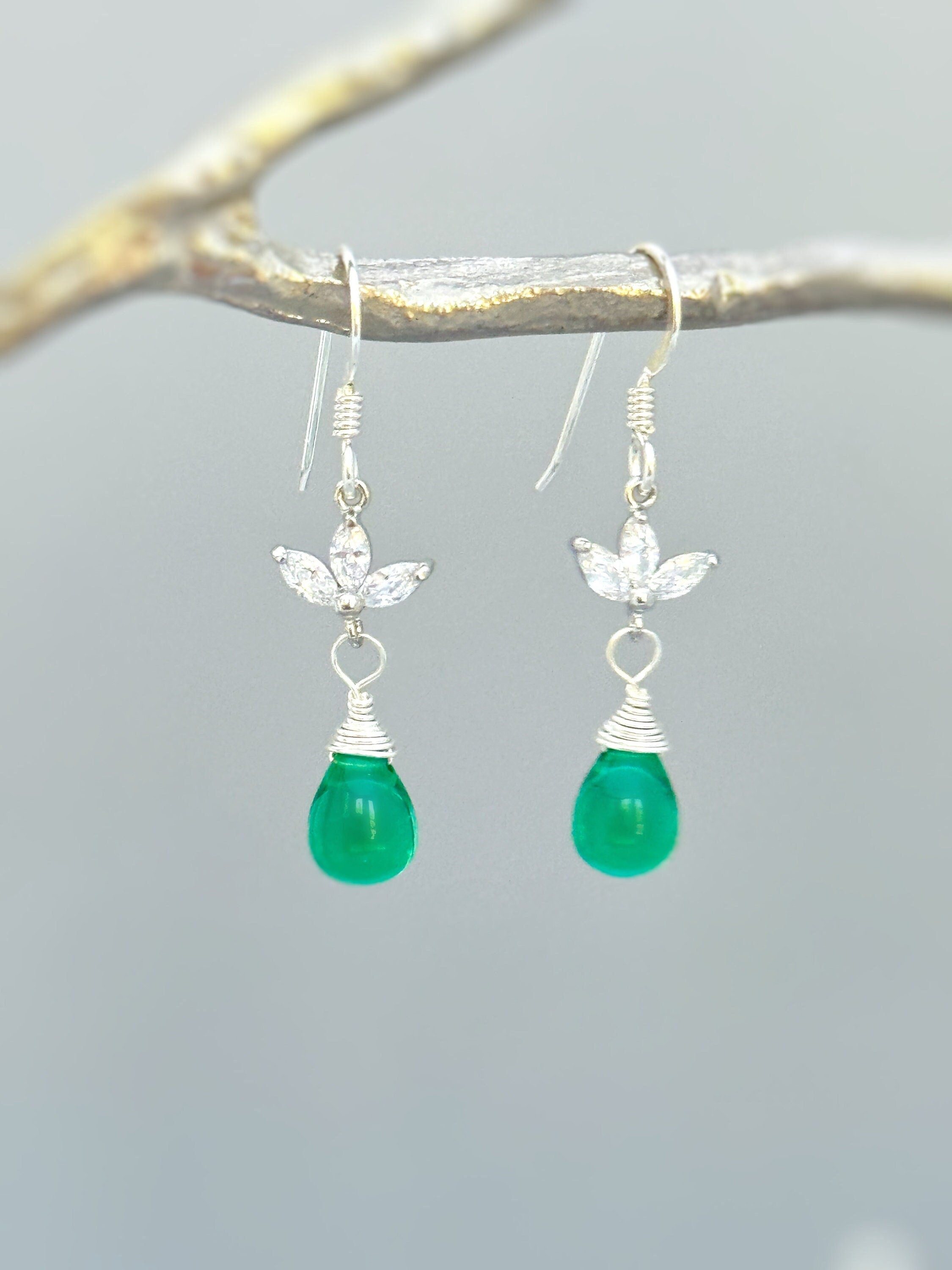 Emerald Green Gemstone earrings silver, gold sparkly crystal dangle teardrop boho gemstone jewelry for women dangly May birthstone earrings