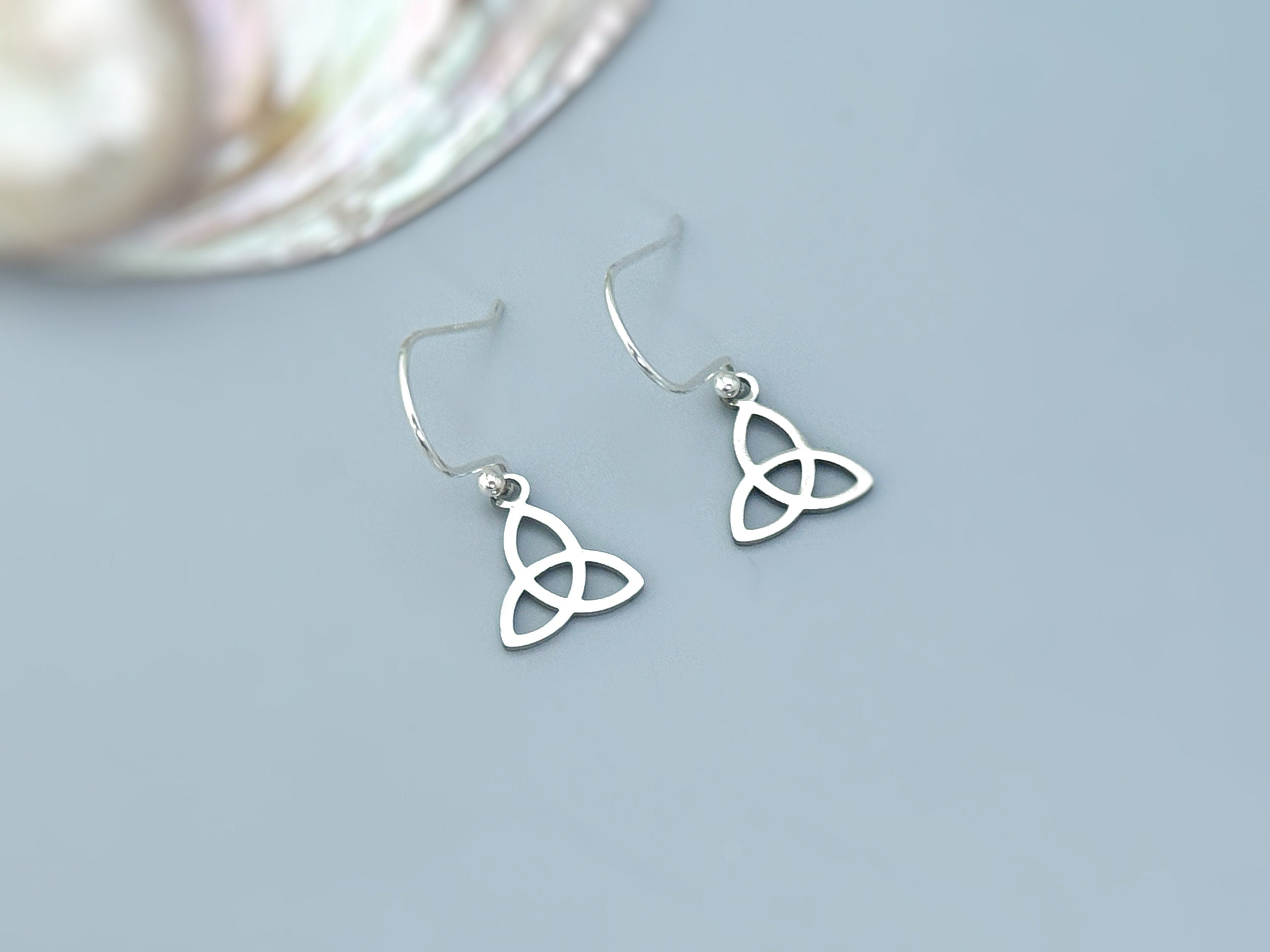 Celtic Trinity Knot Earrings dangle gold, sterling silver pagan Irish jewelry unique gift for friend handmade dangly lightweight earrings