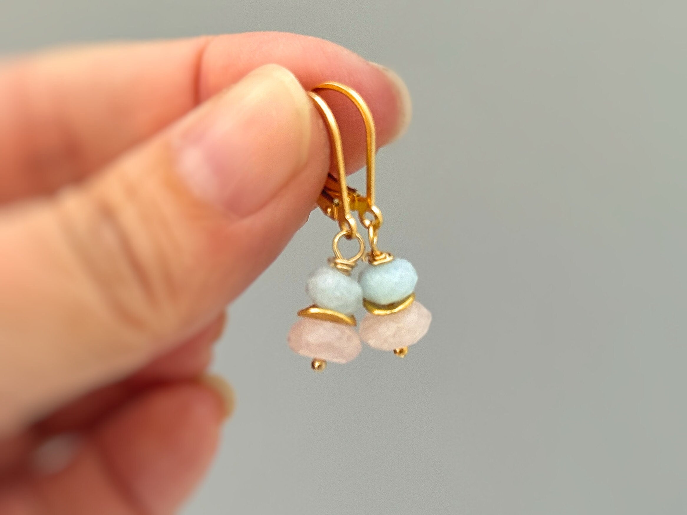 Pink Morganite and Blue Aquamarine Earrings dangle drop rose gold, silver, gold handmade dainty gemstone jewelry gift for girlfriend, sister