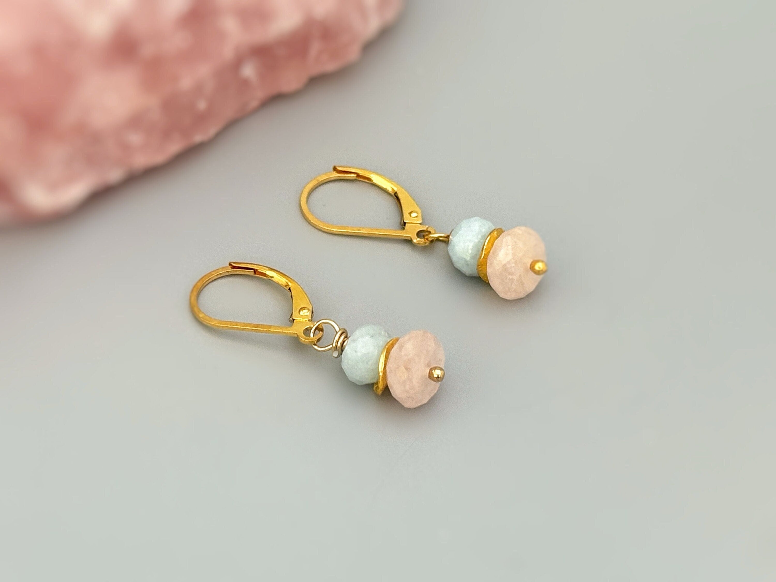 Pink Morganite and Blue Aquamarine Earrings dangle drop gold, rose gold, silver handmade dainty gemstone jewelry gift for girlfriend, sister