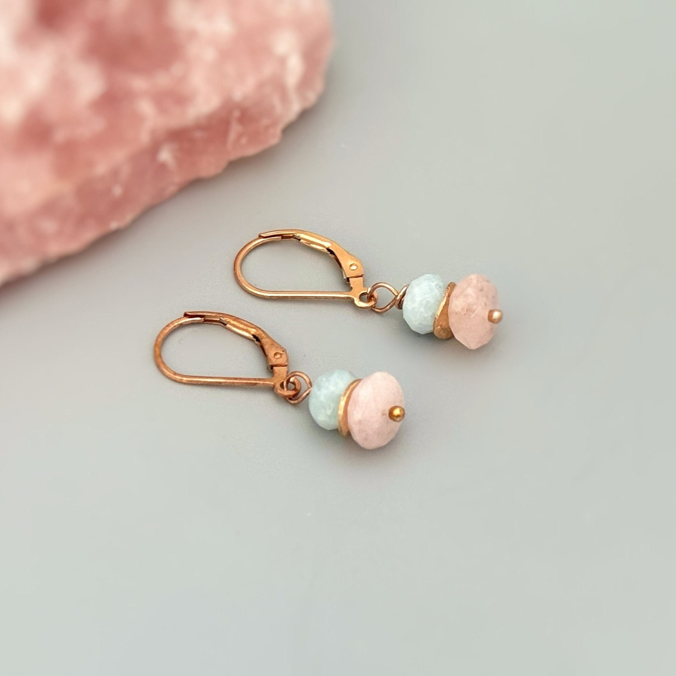 Pink Morganite and Blue Aquamarine Earrings dangle drop gold, rose gold, silver handmade dainty gemstone jewelry gift for girlfriend, sister