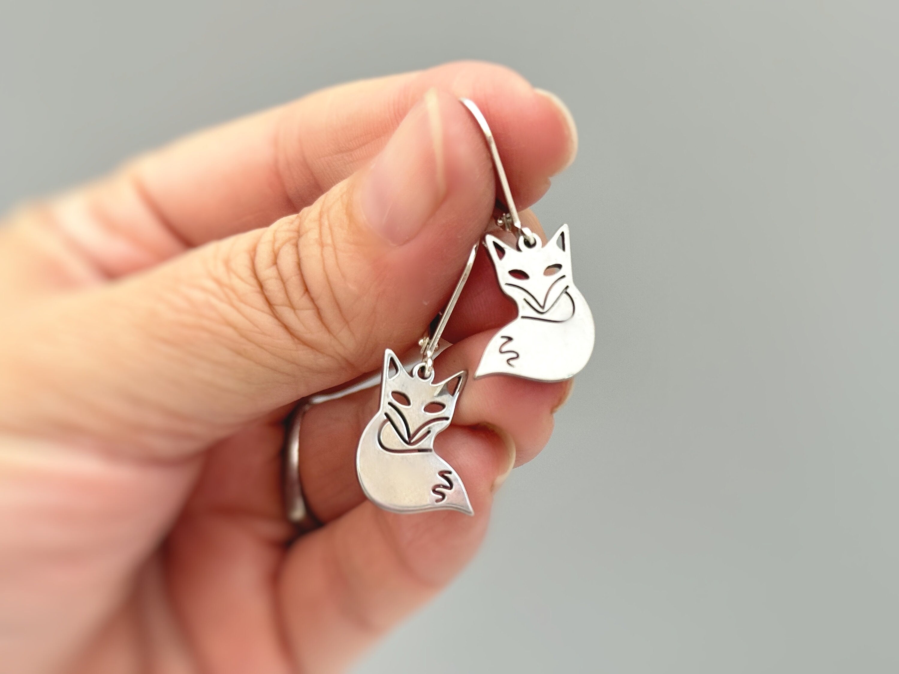 Silver Fox Earrings dangle fun, unique animal lover fox gift handmade Jewelry boho dangling charm earrings cottagecore gift for daughter