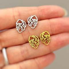 Silver Monstera Leaf Earrings Studs botanical plant earrings in Gold Handmade Jewelry for women gift for plant mom, gardener, nature lover