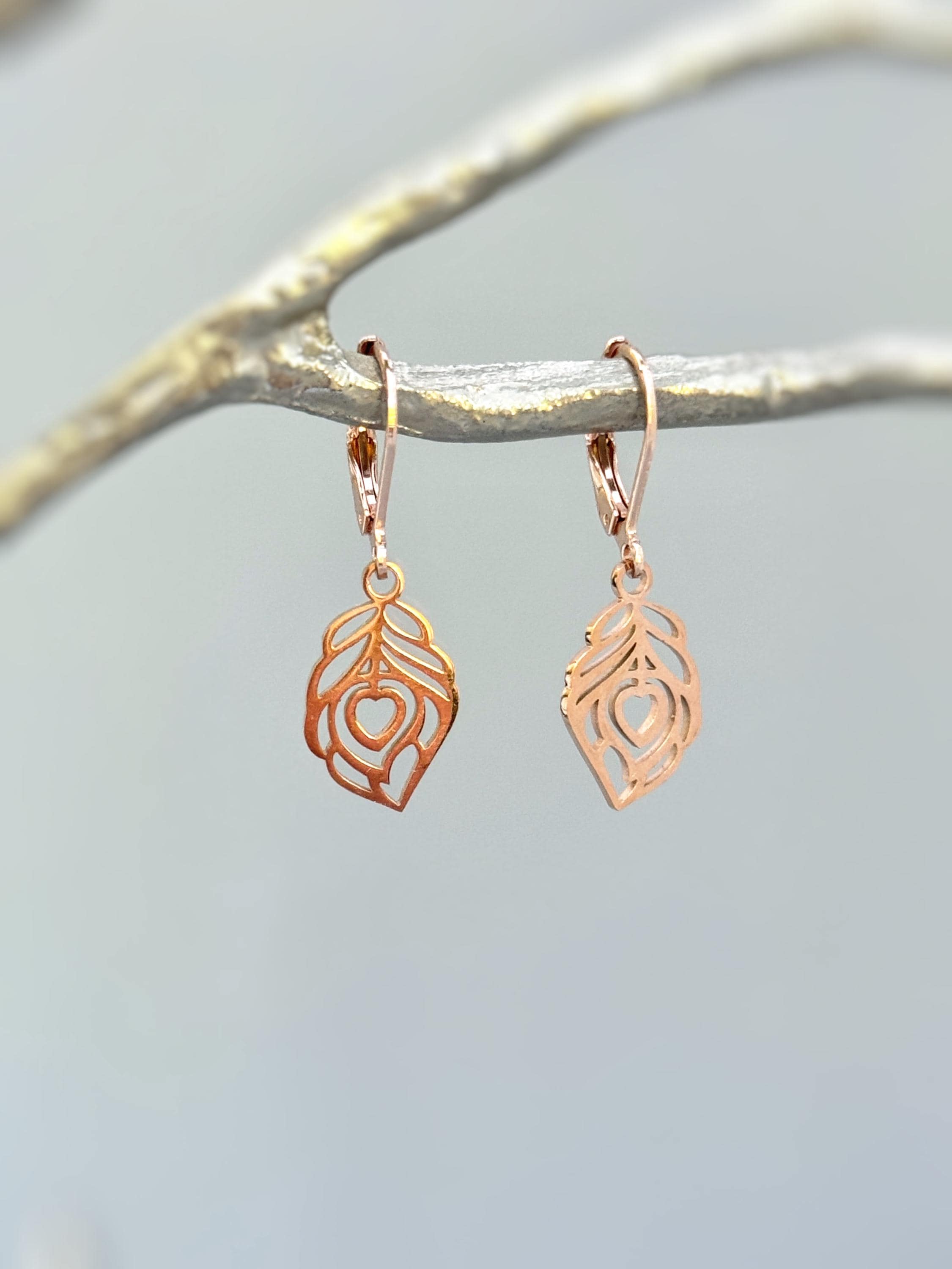 Peacock Feather Earrings dangle Rose Gold, silver, gold