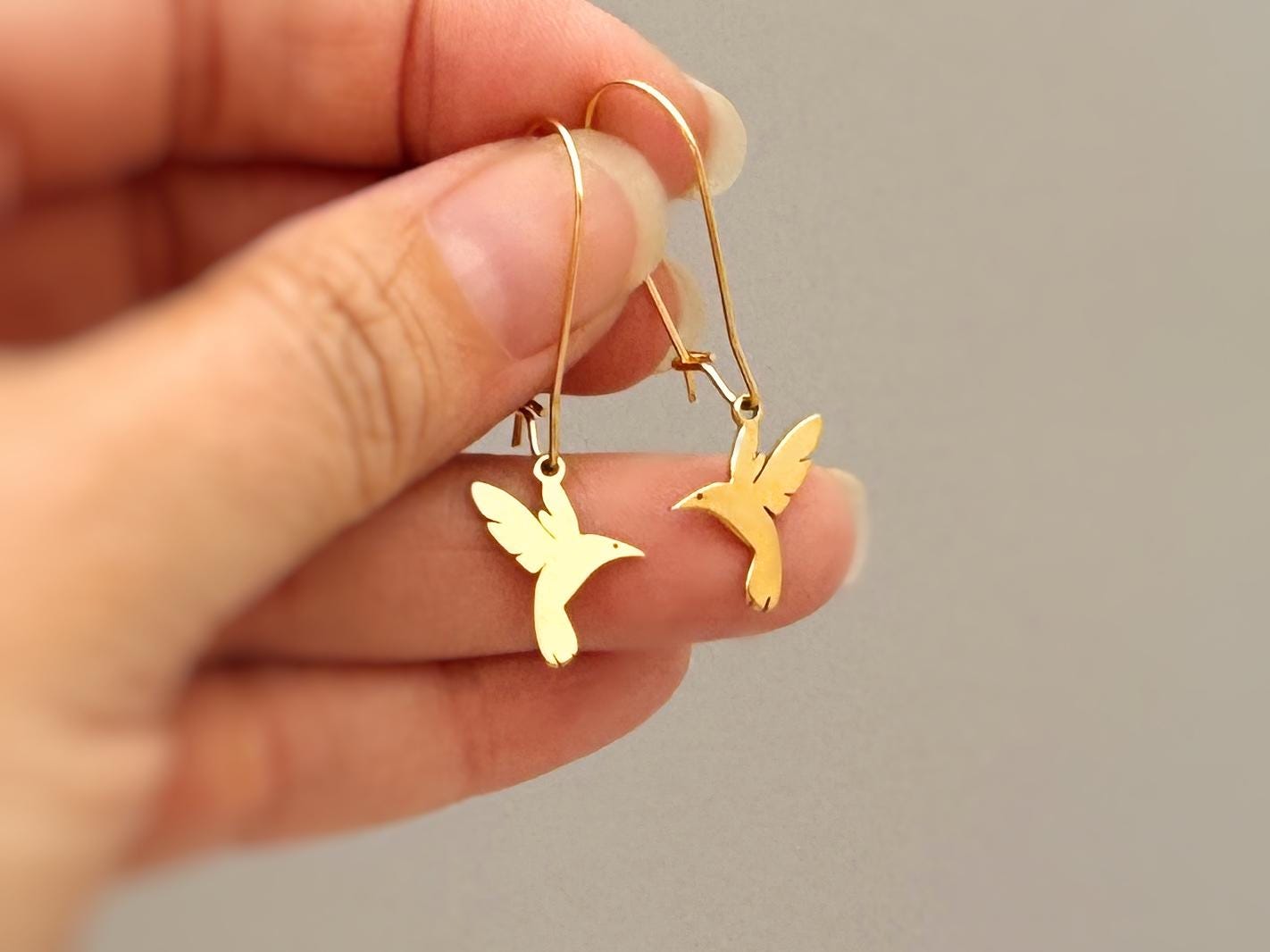 Hummingbird Earrings dangle silver, gold Bird Jewelry unique gift for mom, nature bird lover, wife, sister Handmade dangly long lightweight