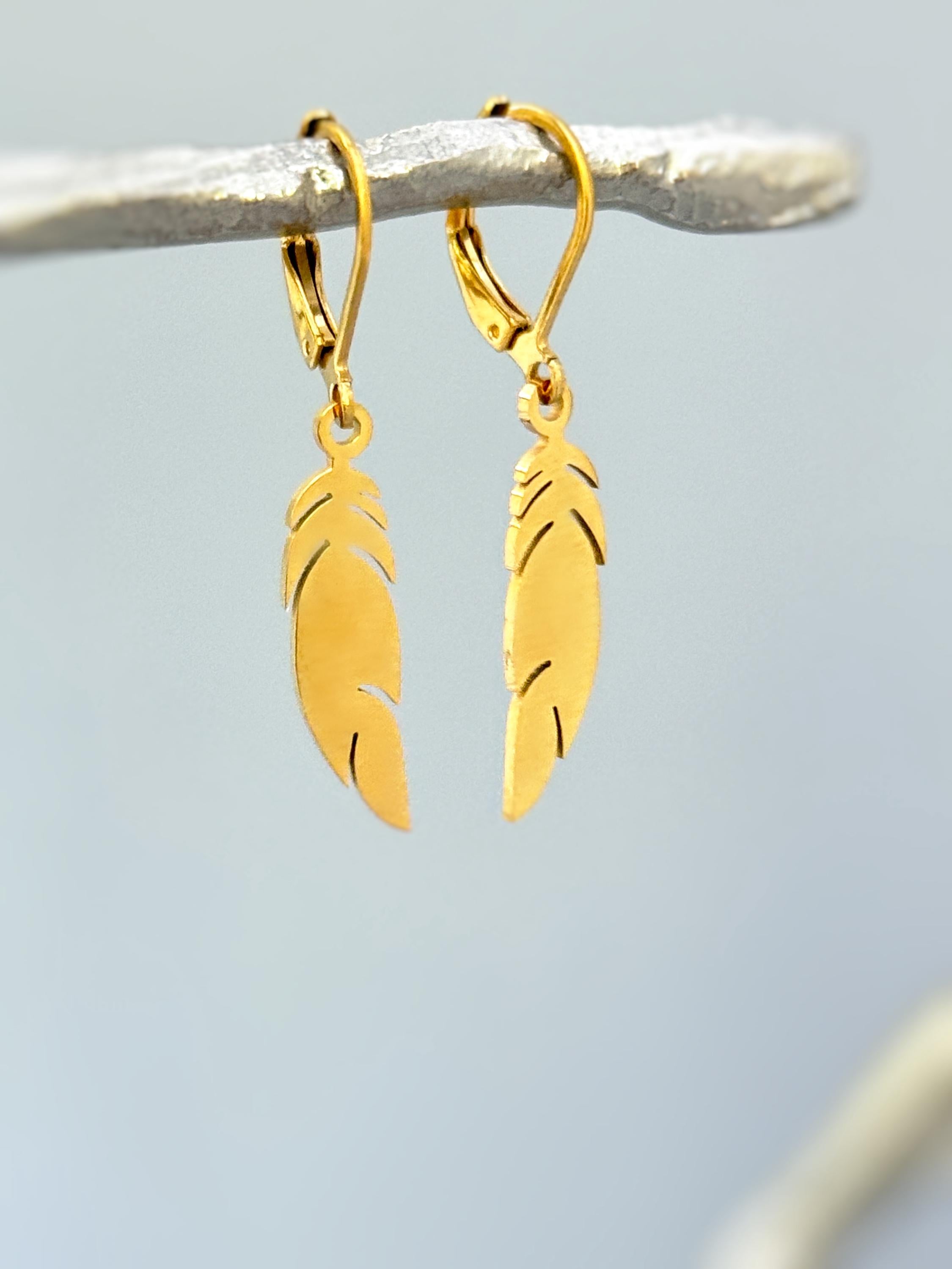 Boho Bird Feather Earrings dangle gold, sterling silver feather Jewelry unique gift for mom, nature, bird lover Handmade dangly long